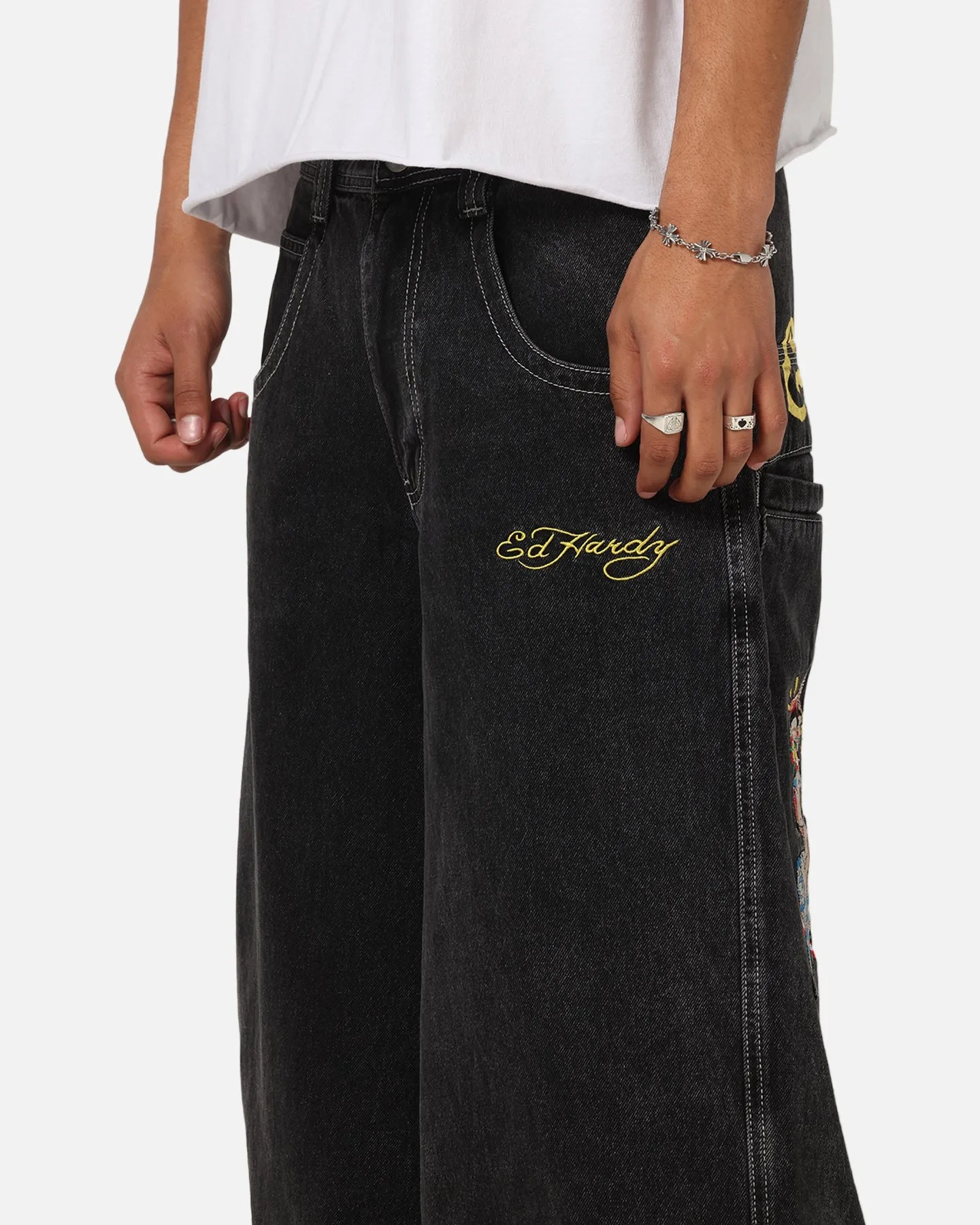 Ed Hardy Ultra Wide Leg Denim Jeans Black/Yellow AbrasionResistantPanels Classic Design