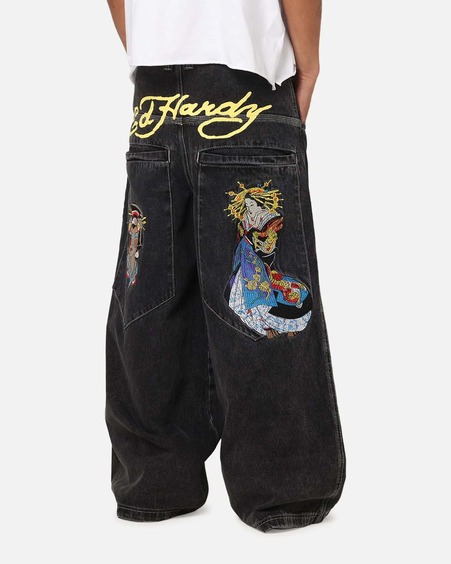 Casual Performance Ed Hardy Ultra Wide Leg Denim Jeans Black/Yellow