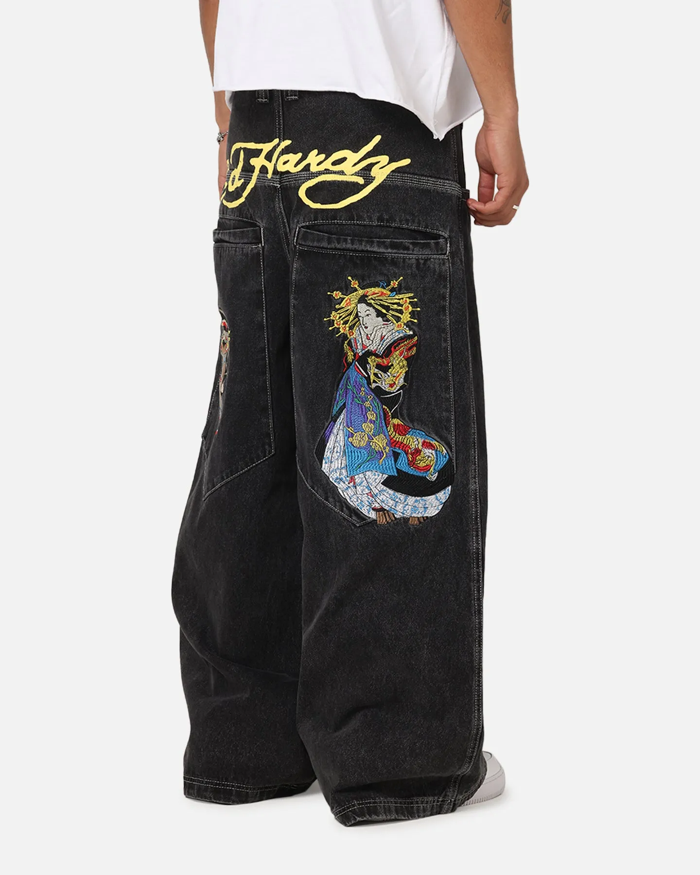 Ed Hardy Ultra Wide Leg Denim Jeans Black/Yellow Anti Odor Treatment