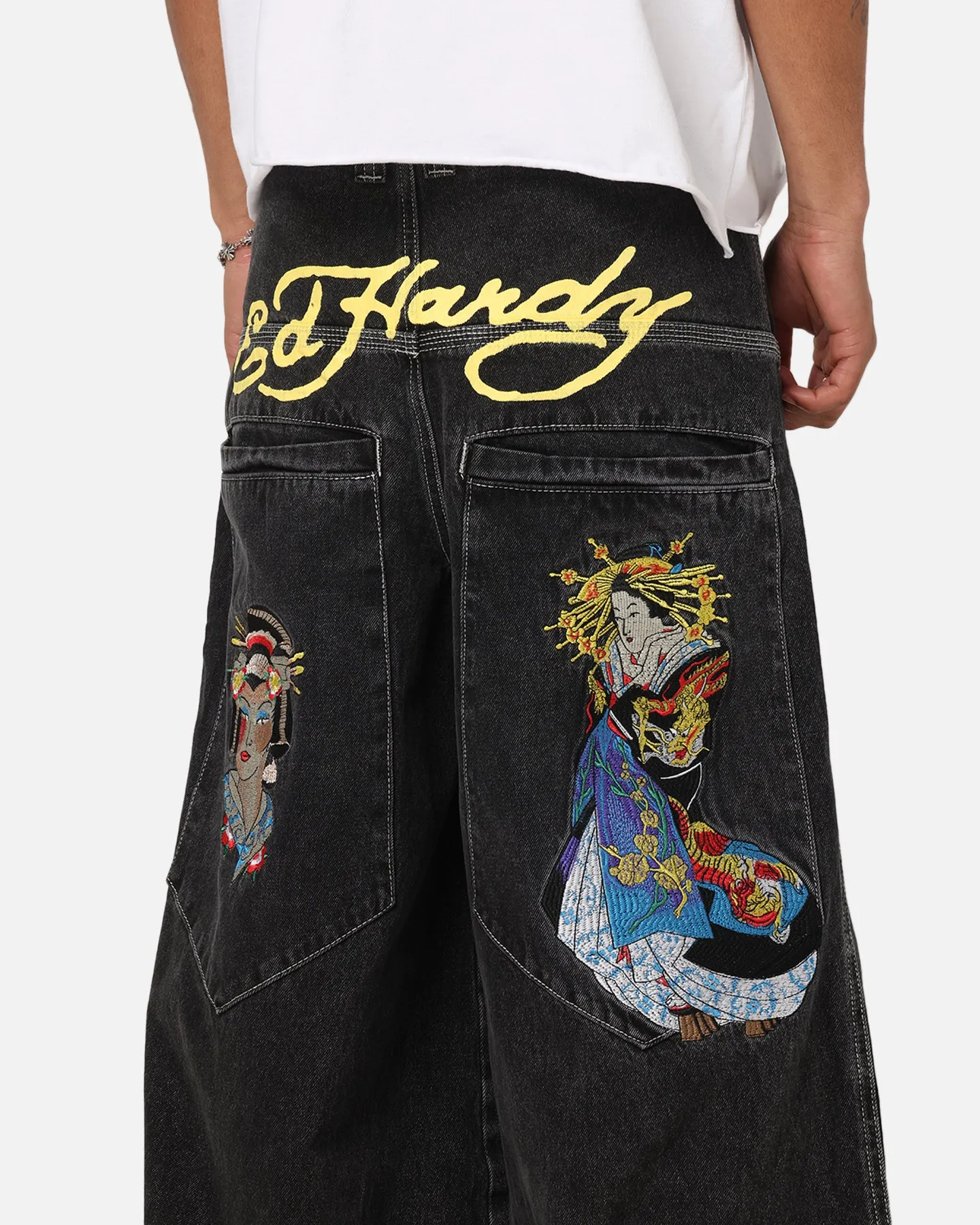 Flexible Gusset Light Waist Ed Hardy Ultra Wide Leg Denim Jeans Black/Yellow
