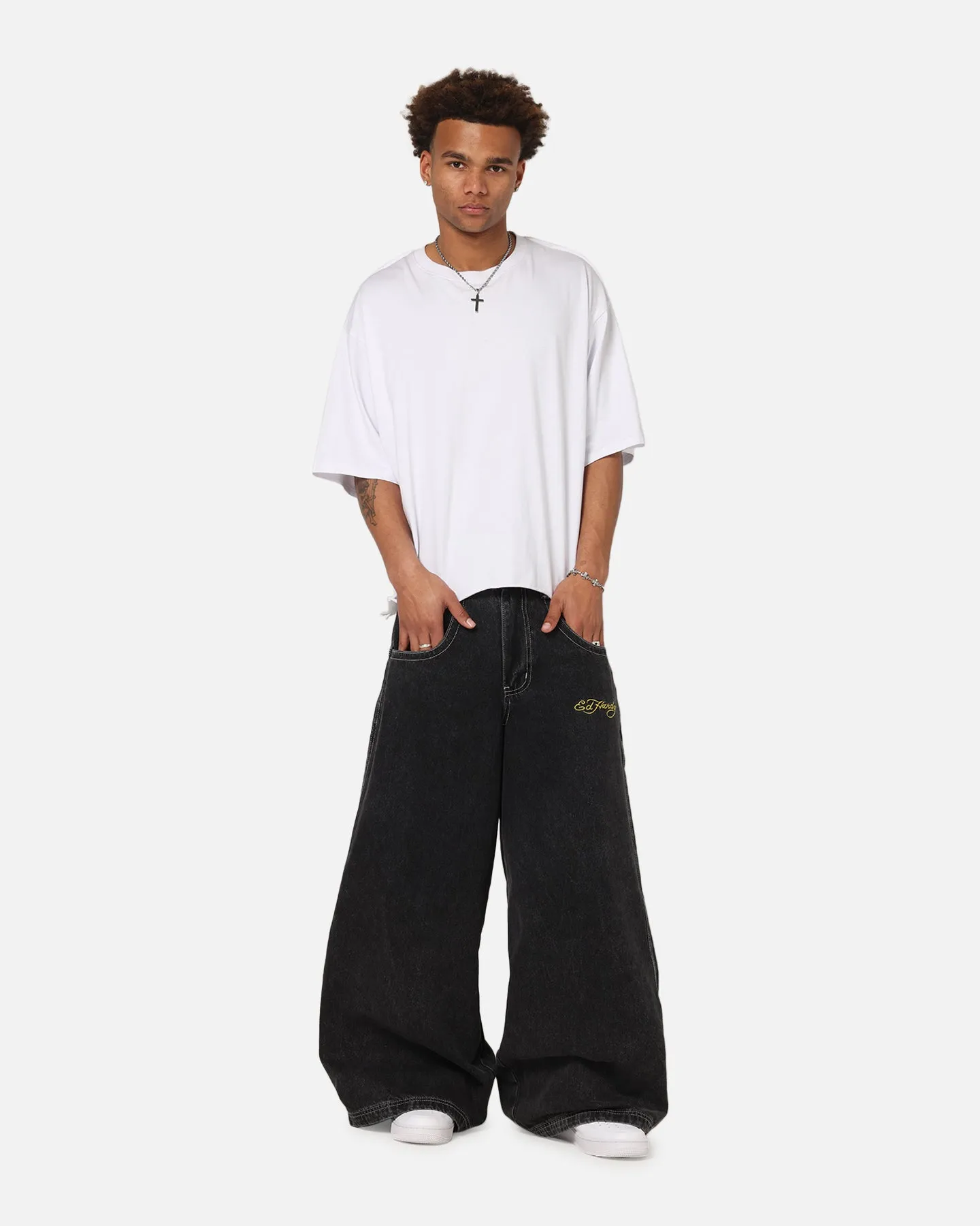 Ed Hardy Ultra Wide Leg Denim Jeans Black/Yellow AntibacterialCoating