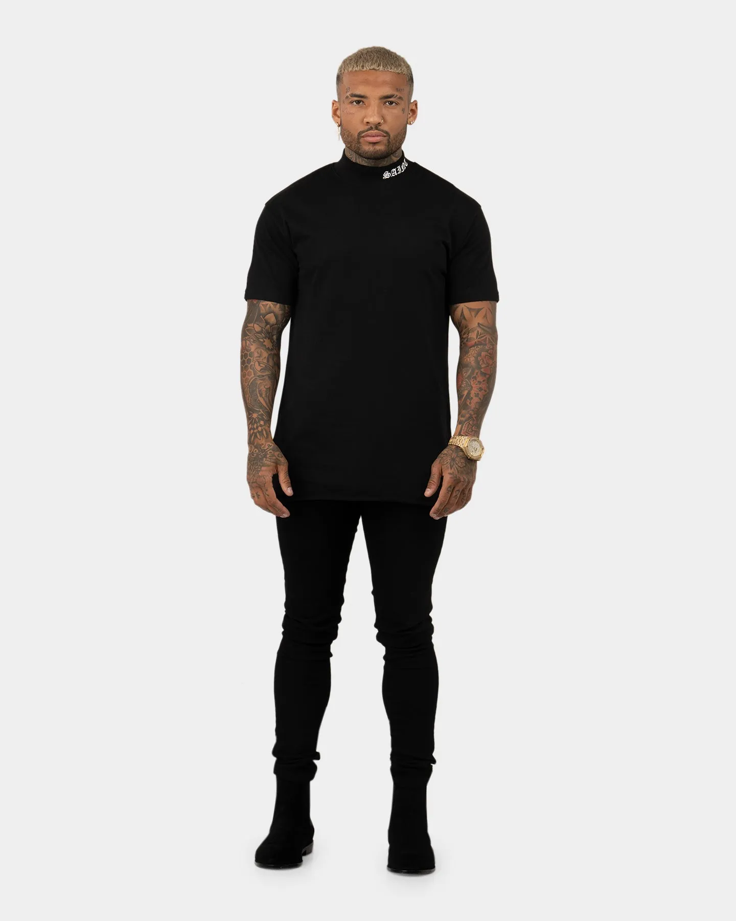 Double Stitched Seams Saint Morta Old English Mock Neck T-Shirt Black/White