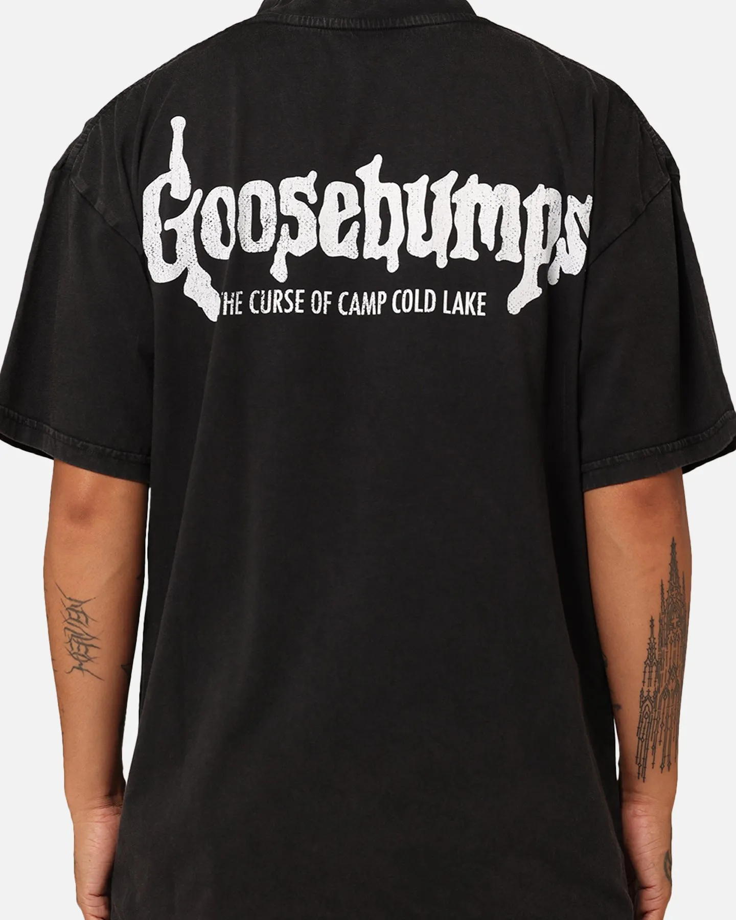 American Thrift X Goosebumps Cold Lake Vintage T-Shirt Black Wash Multi Panel Design Chill Design