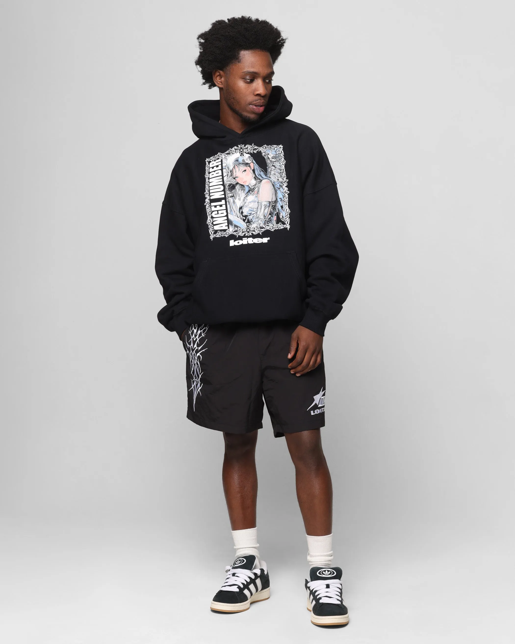 Loiter Angel Number Hoodie Black Adjustable Drawstrings indoor relaxation