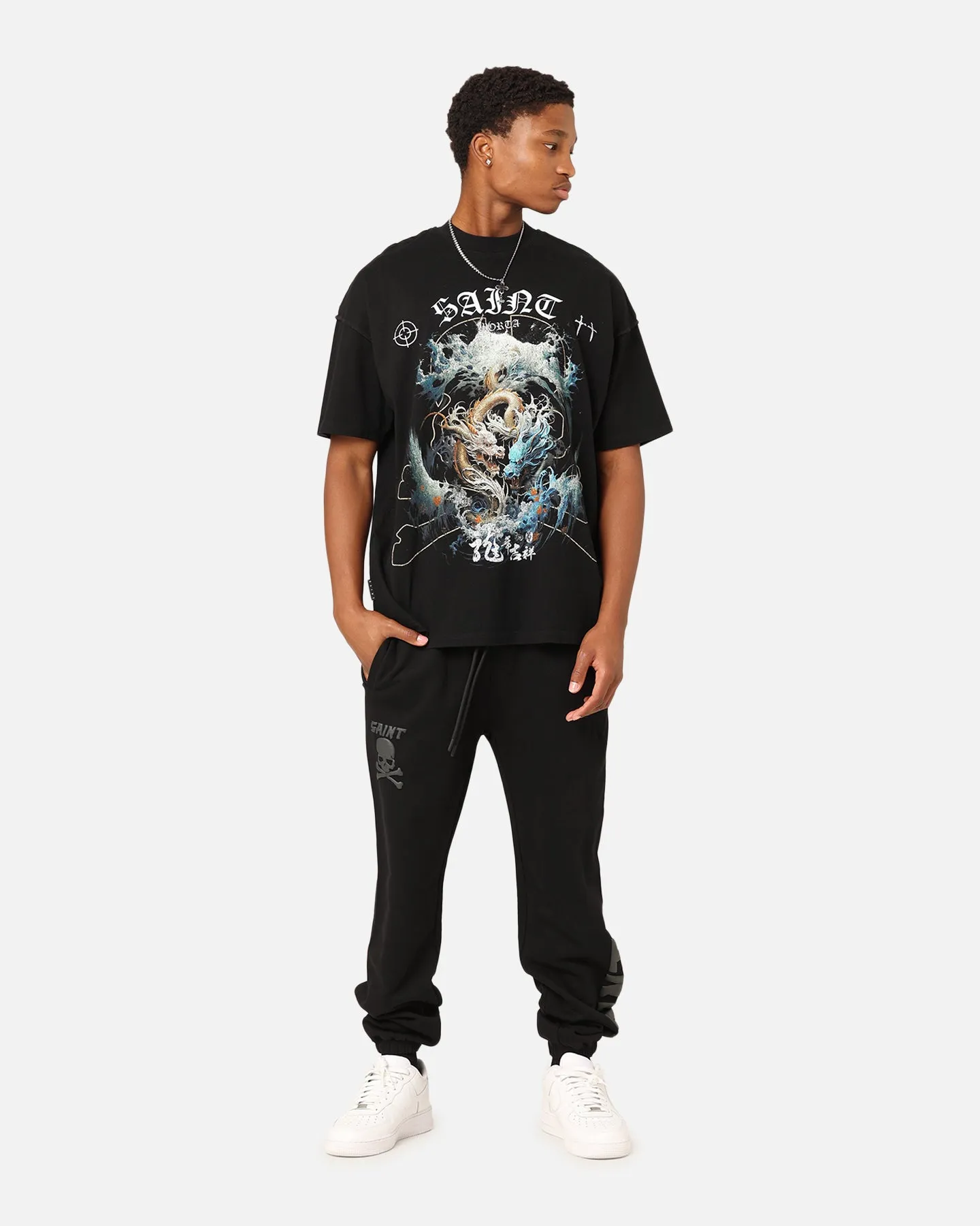 Saint Morta Year Of The Dragon Boxy T-Shirt Black Wide Neck Opening Trendy