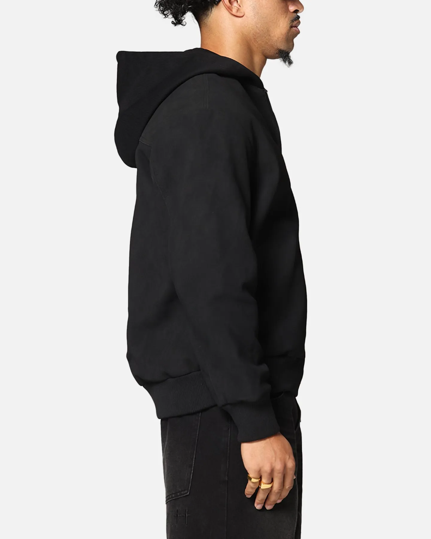 Saint Morta Gothic Hooded PU Bomber Jacket Black/Black Double Stitched Edging Button Snap Conversion