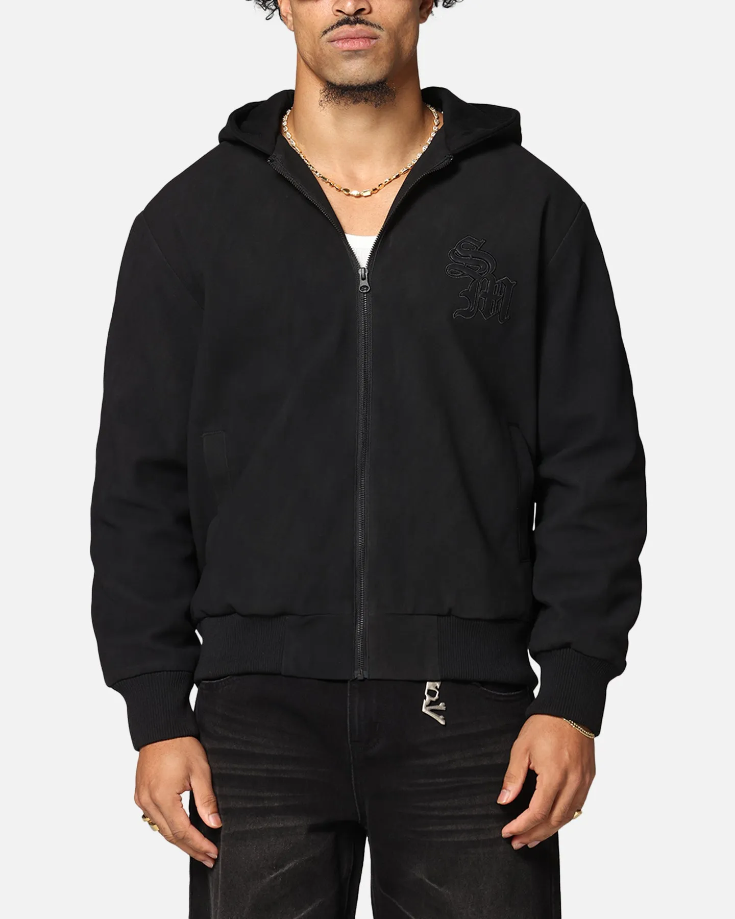 Ventilation Grommets Saint Morta Gothic Hooded PU Bomber Jacket Black/Black