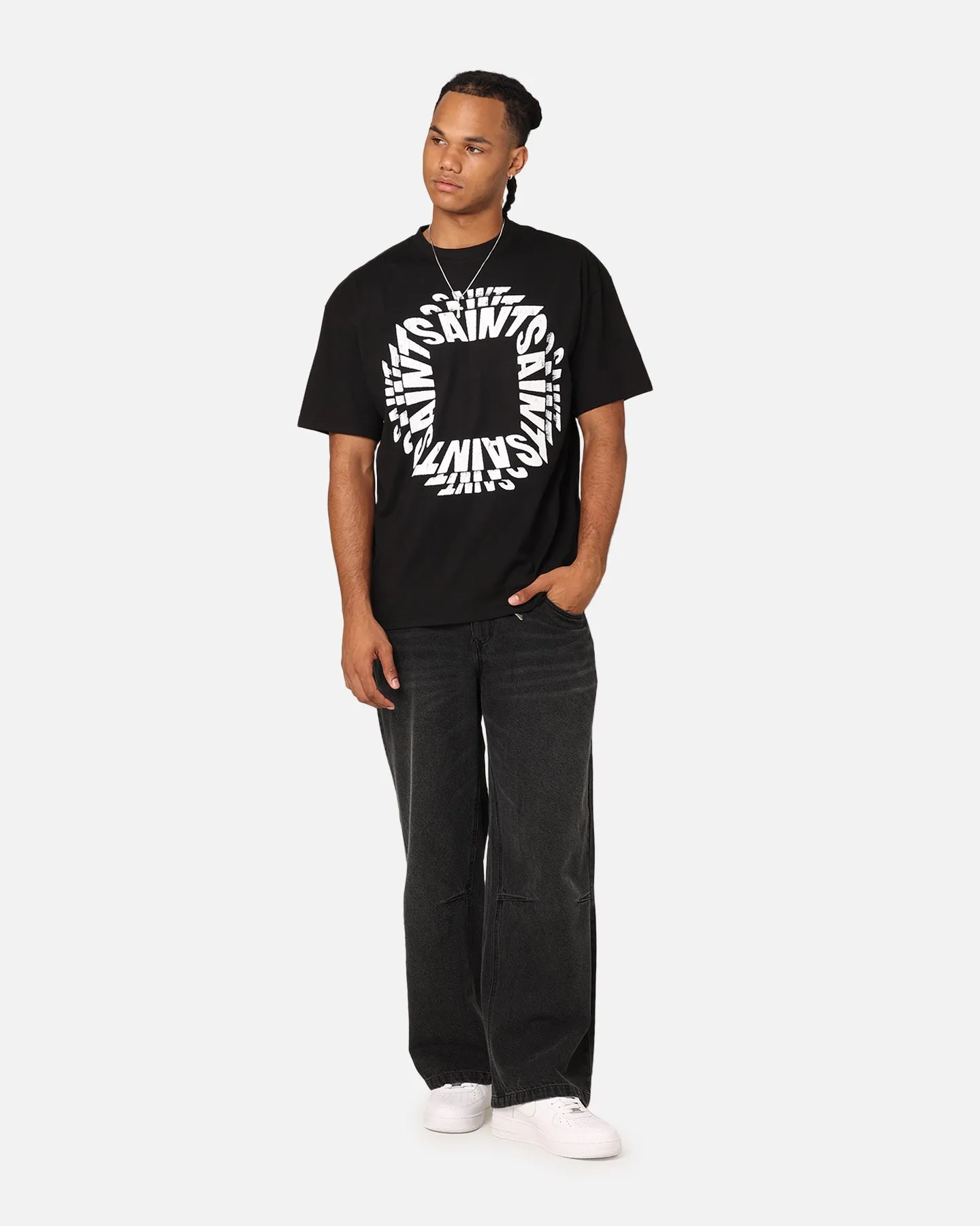 Curved Hemline Saint Morta Rave Drop Shoulder T-Shirt Black