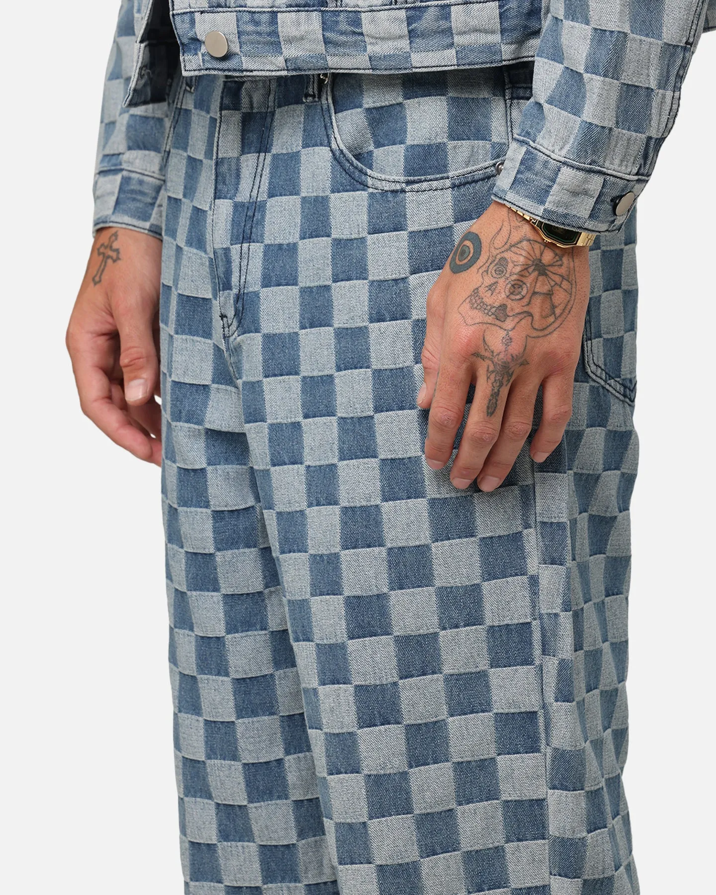 Durable Seams Wrinkle Resistant Finish XXIII Checker Board Denim Jeans Blue