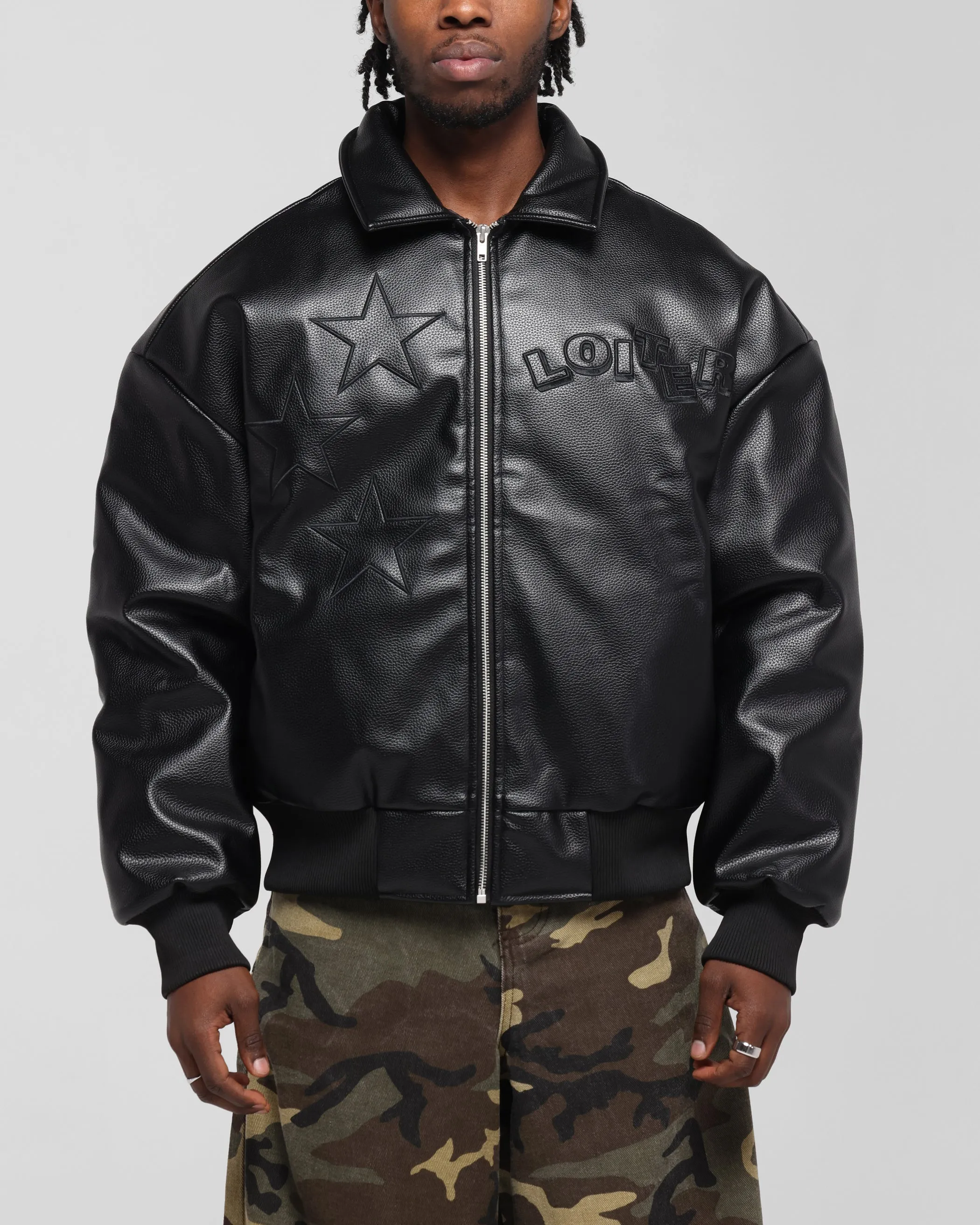 Loiter Solar Vegan Leather Varsity Jacket Black Polyester