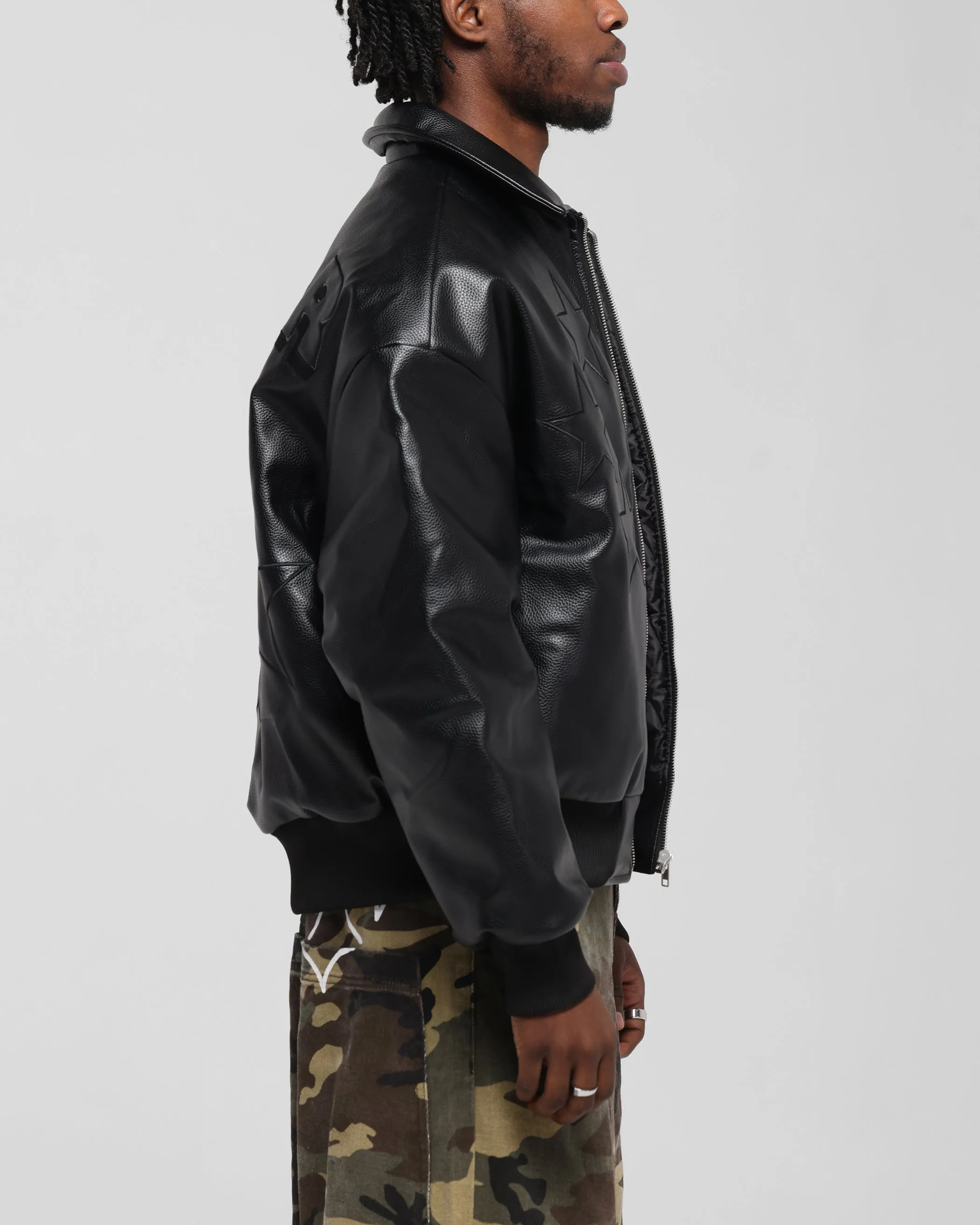 family gathering Loiter Solar Vegan Leather Varsity Jacket Black