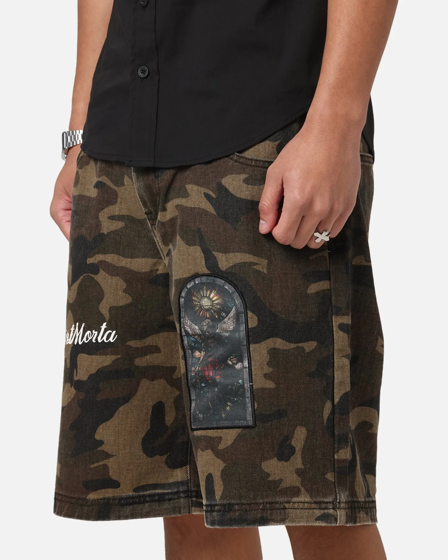 Saint Morta Kingdomcome Baggy Shorts Woodland Camo Stretch performance Secure Zipper Closure