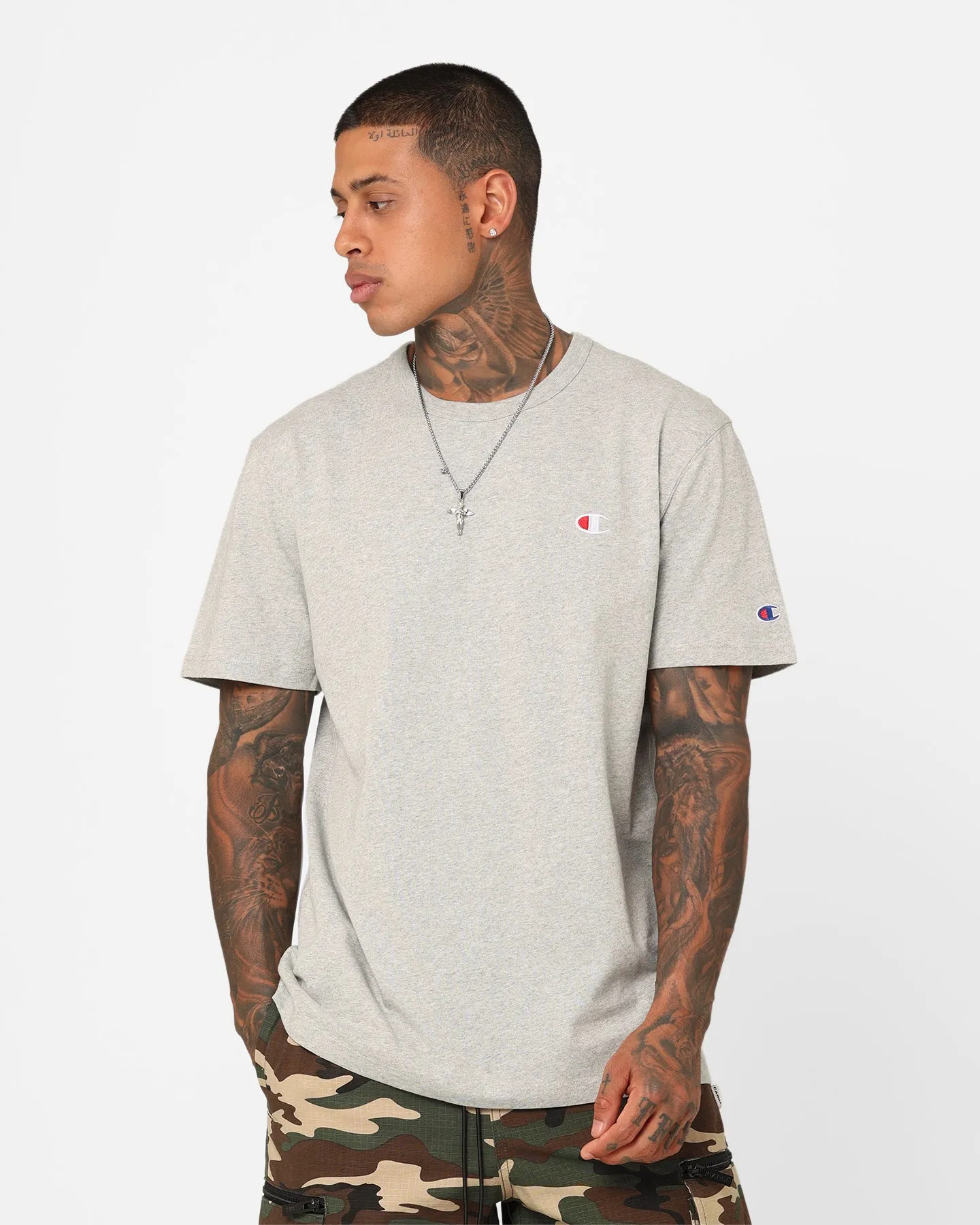 Tagless Design Champion Heritage Small C T-Shirt Oxford Heather