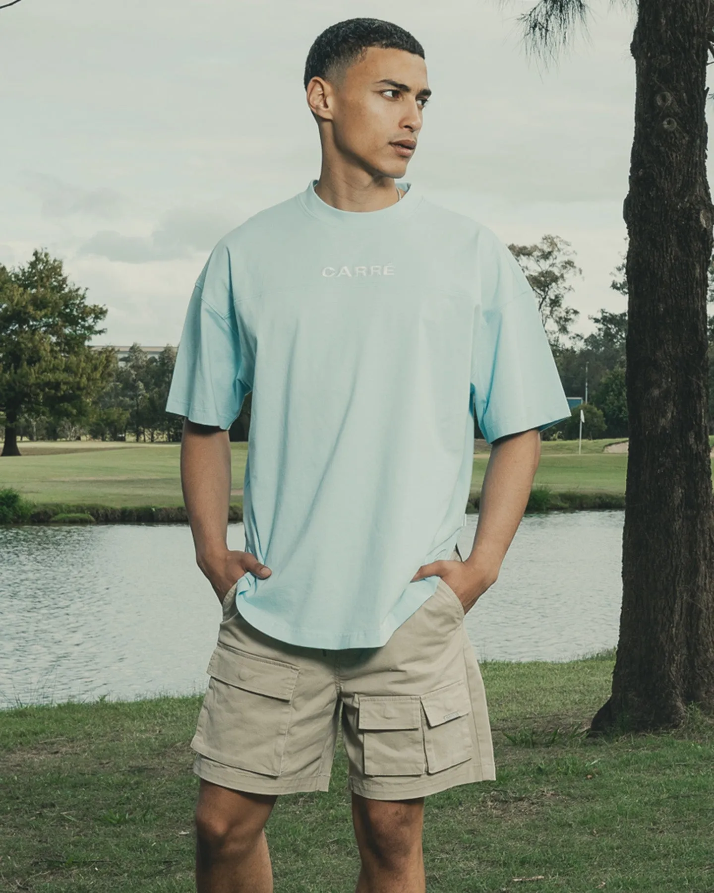 Carr?? Grid Iron Oversized T-Shirt Light Blue Comfy Vibes Sustainable Dye Process