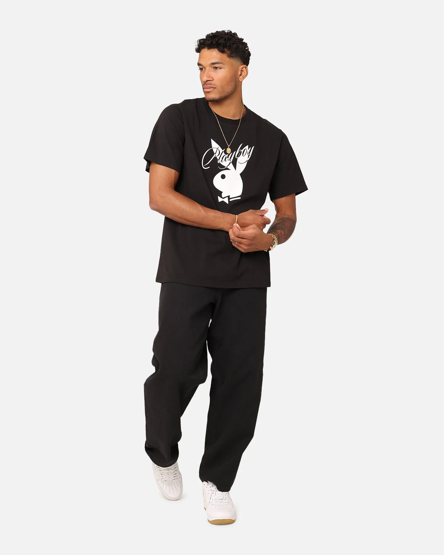 Trendy All-Day Playboy Playboy Bunny Script T-Shirt Black