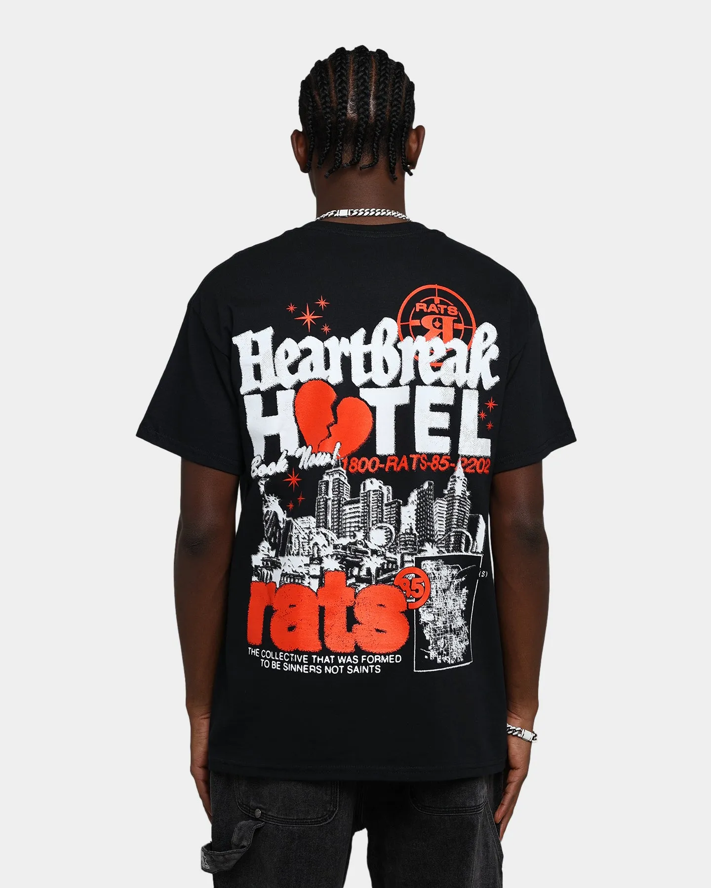 Classic Color Raw Hem Finish Rats Get Fat Heartbreak Hotel T-Shirt Black