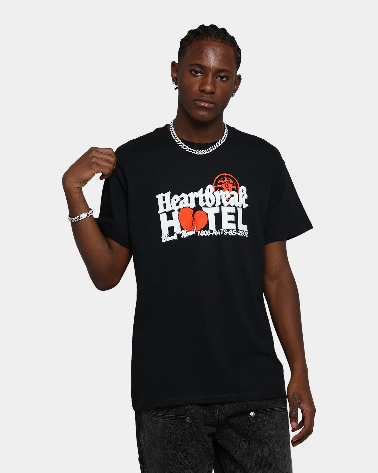 Cozy and Light Distressed Hem Finish Rats Get Fat Heartbreak Hotel T-Shirt Black