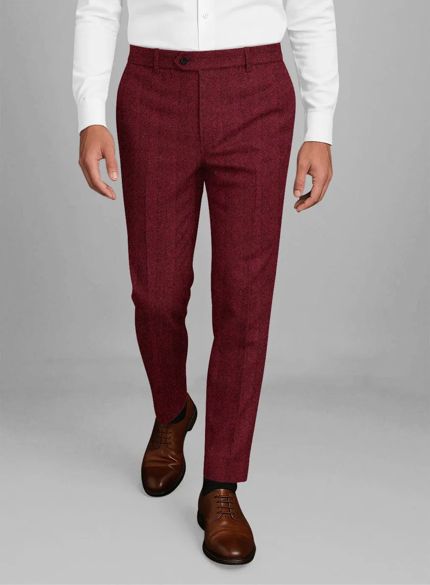 Italian Wide Herringbone Wine Tweed Pants Comfort Wear Elegant Wear