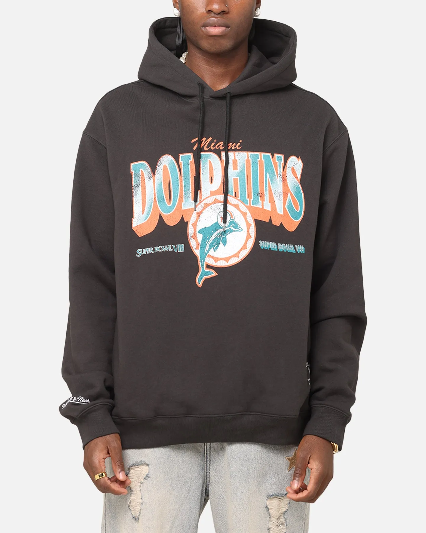 Windproof Inner Layer Lightweight Midlayer Option Mitchell & Ness Miami Dolphins Arch Hoodie Faded Black