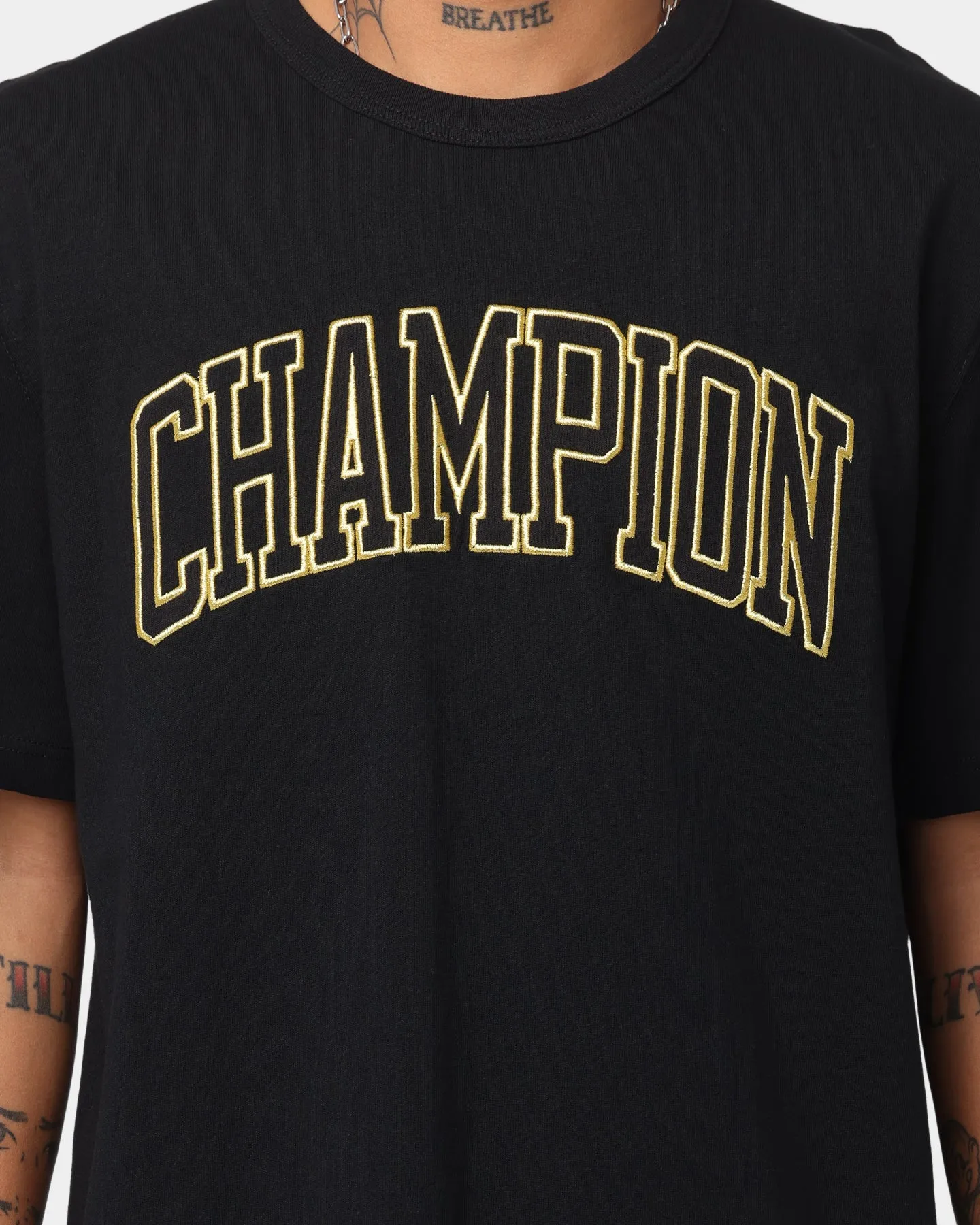 Quality Layer Layered Sleeve Construction Champion HT Varsity T-Shirt Black