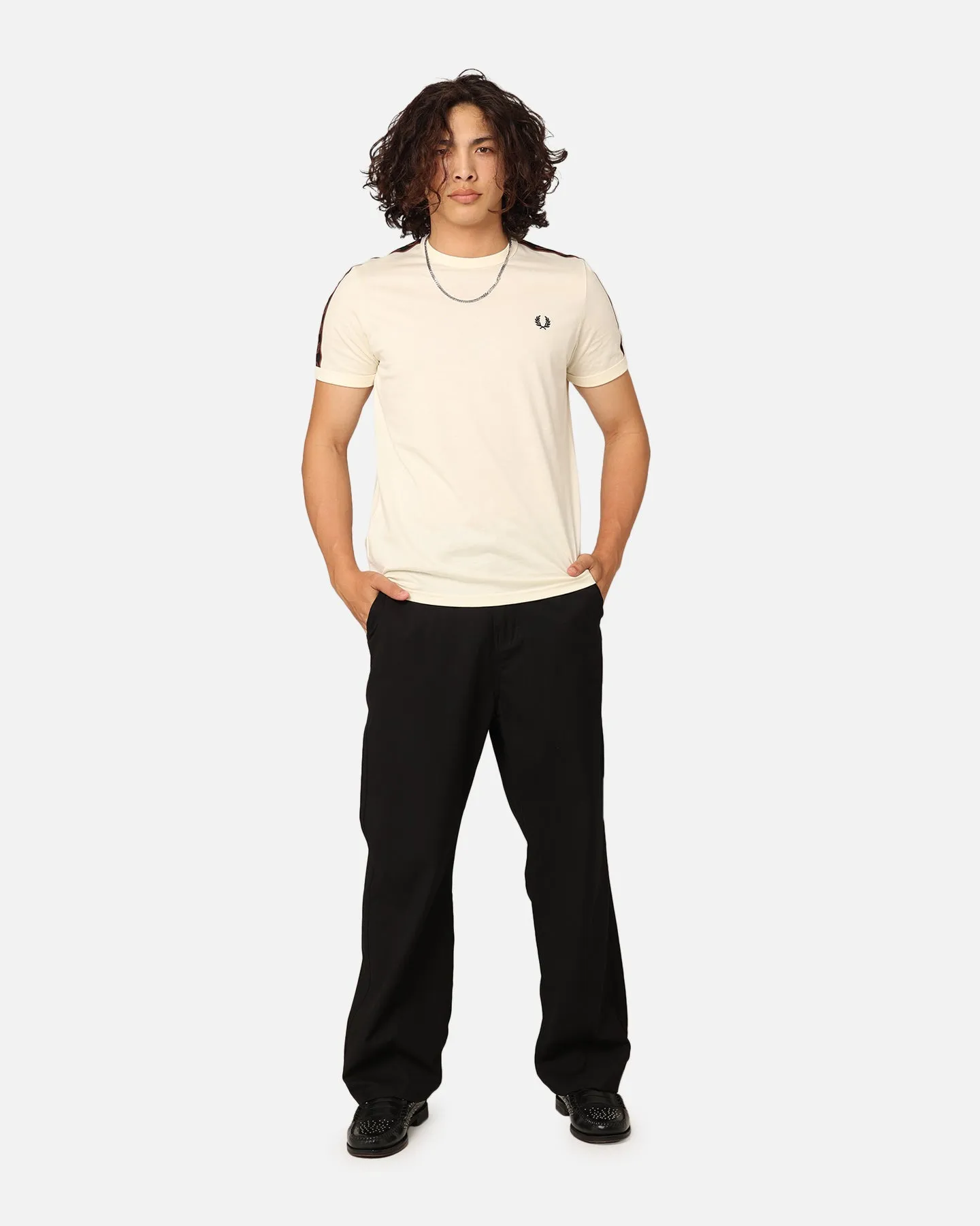 Job Interview Fred Perry Contrast Tape Ringer T-Shirt Ecru/Whisky Brown