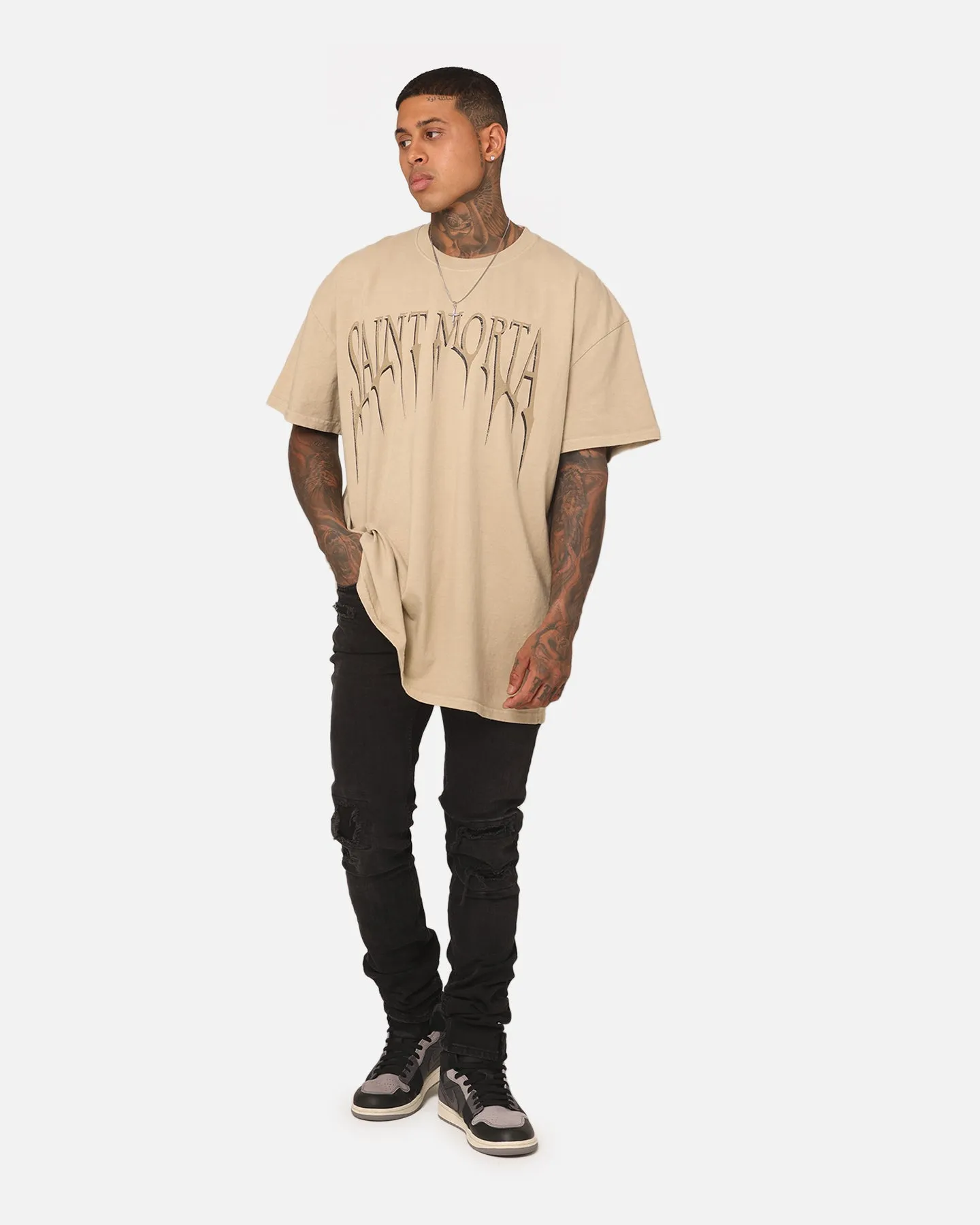 Saint Morta Sinister Lafayette T-Shirt Stone DoubleStitchedHem Layered Shoulder Design