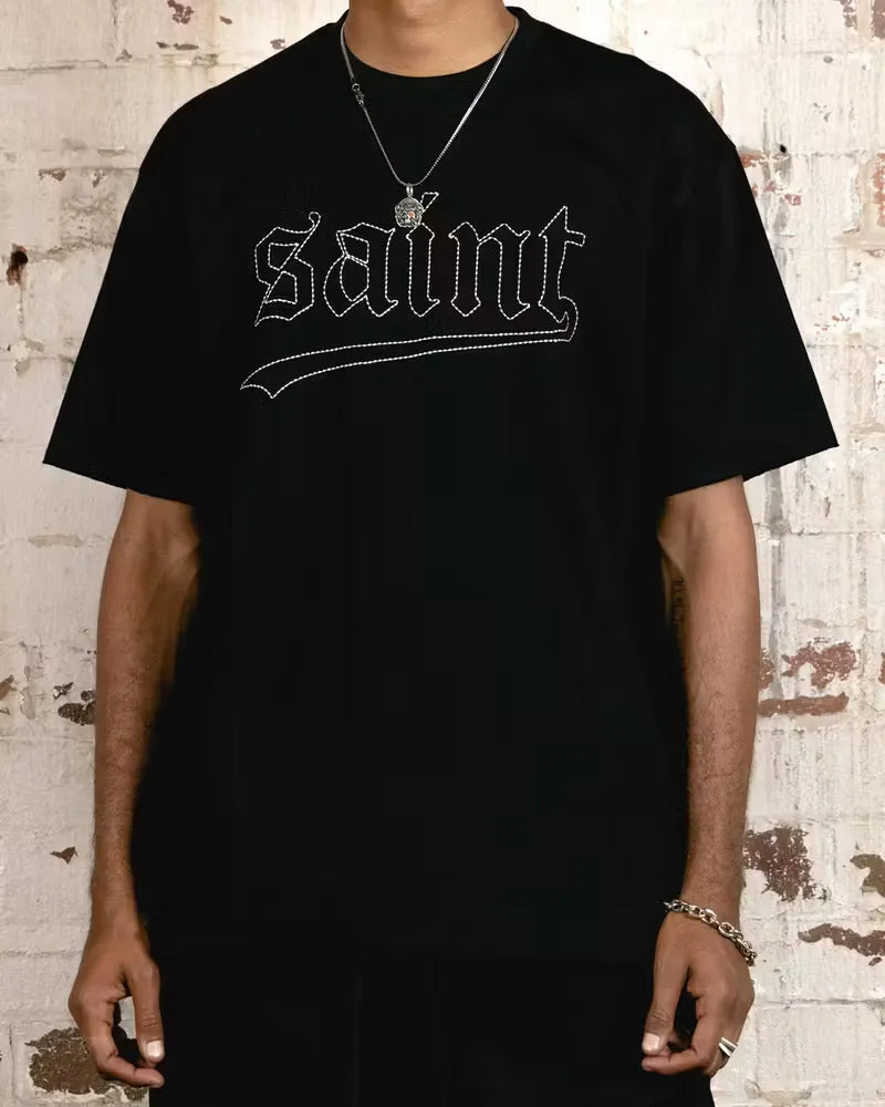 Saint Morta Allstar Embroidered Drop T-Shirt Black/White Linen blend