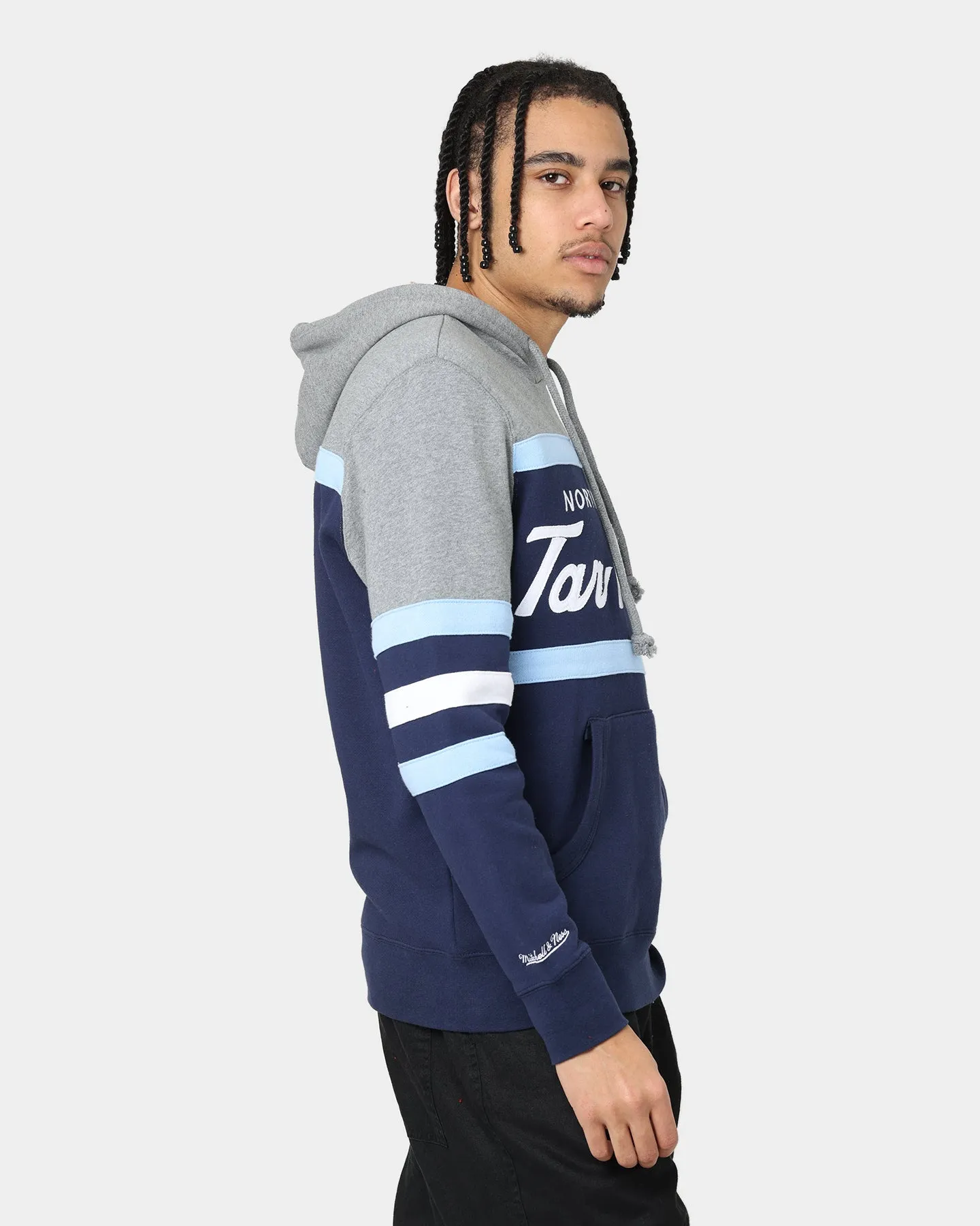 Mitchell & Ness UNC Tar Heels Head Coach Hoodie Navy Student Life Faux Fur Trim