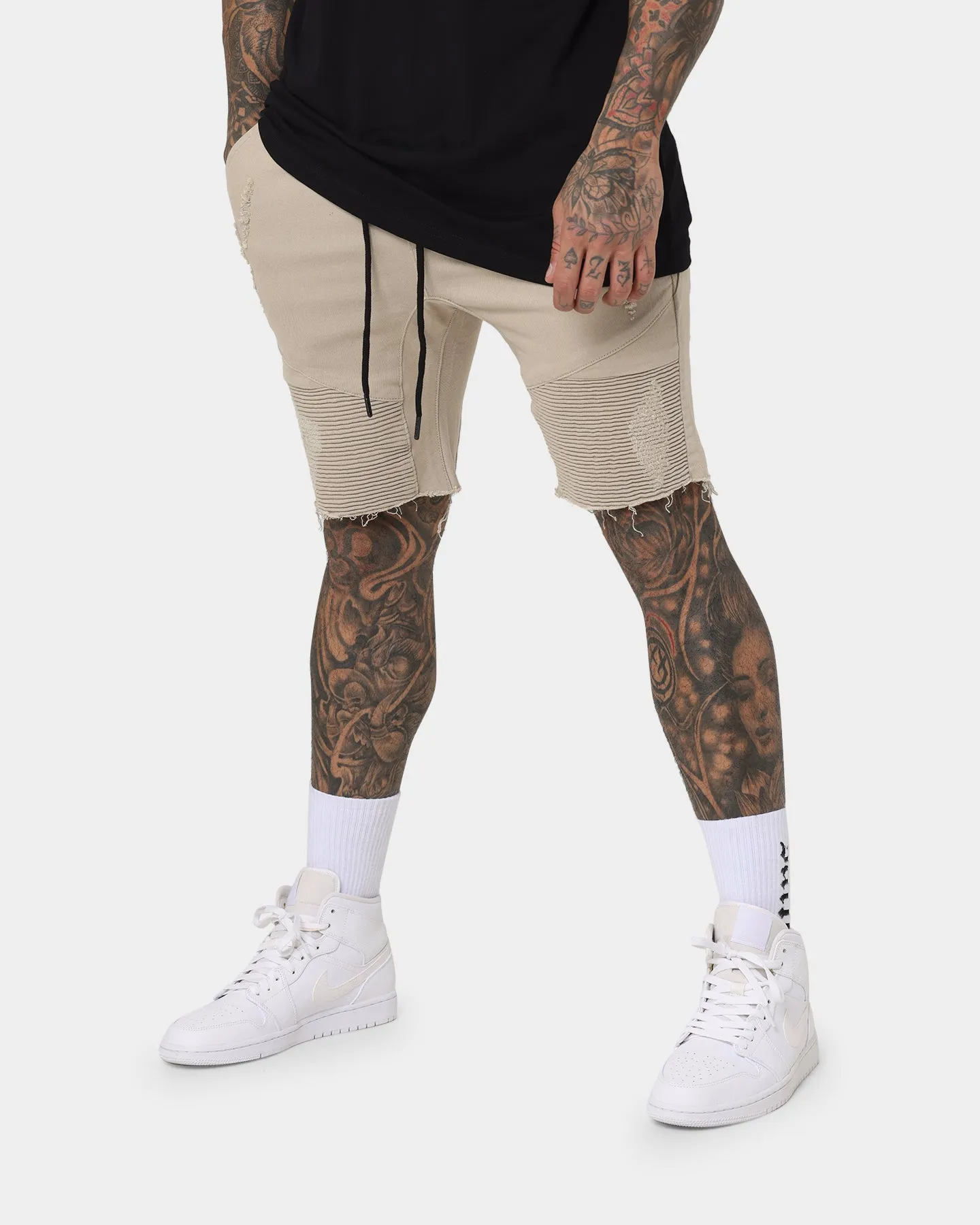 cheering section lounging clothes Saint Morta United Distressed Biker Shorts Stone