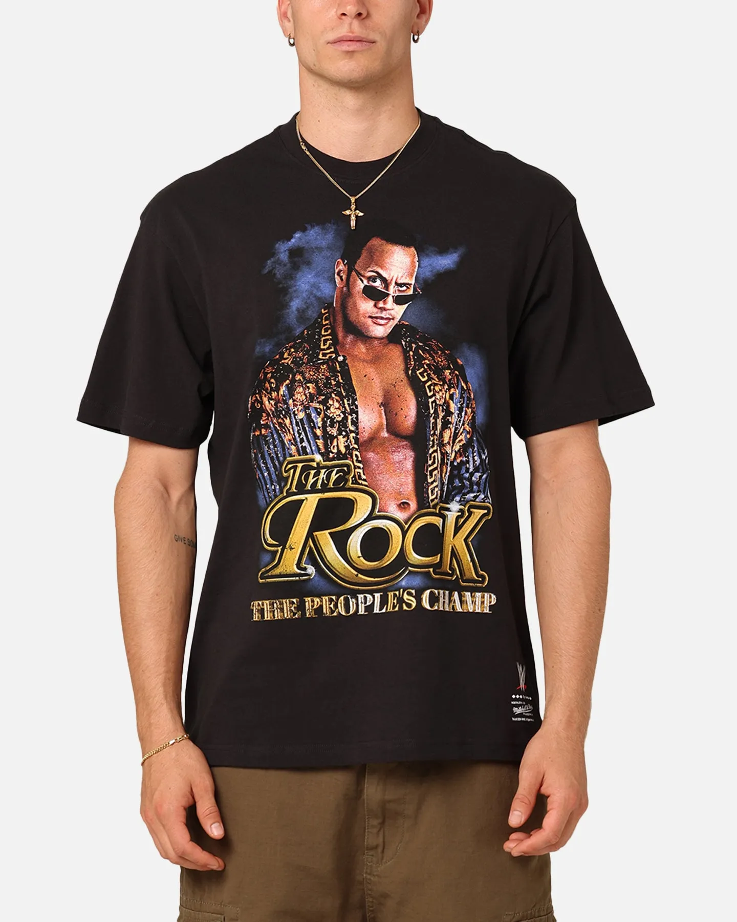 Mitchell & Ness X WWE Dwayne "The Rock" Johnson The People's Champ T-Shirt Overdyed Black StretchFabric Summer cool