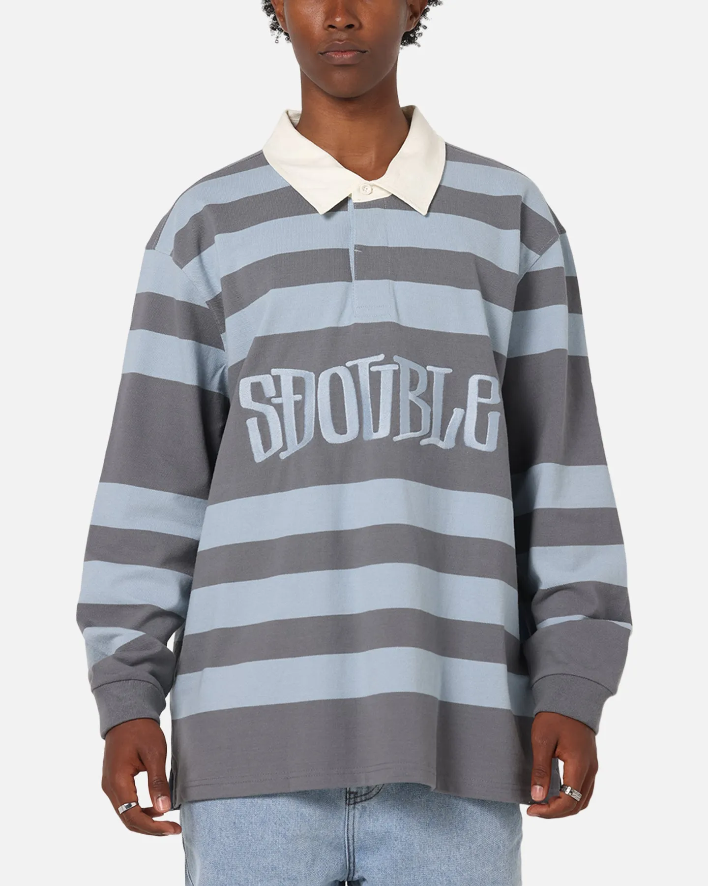 S Double PK Stripe Rugby Polo Baby Blue UV-Resistant Tailored Fit