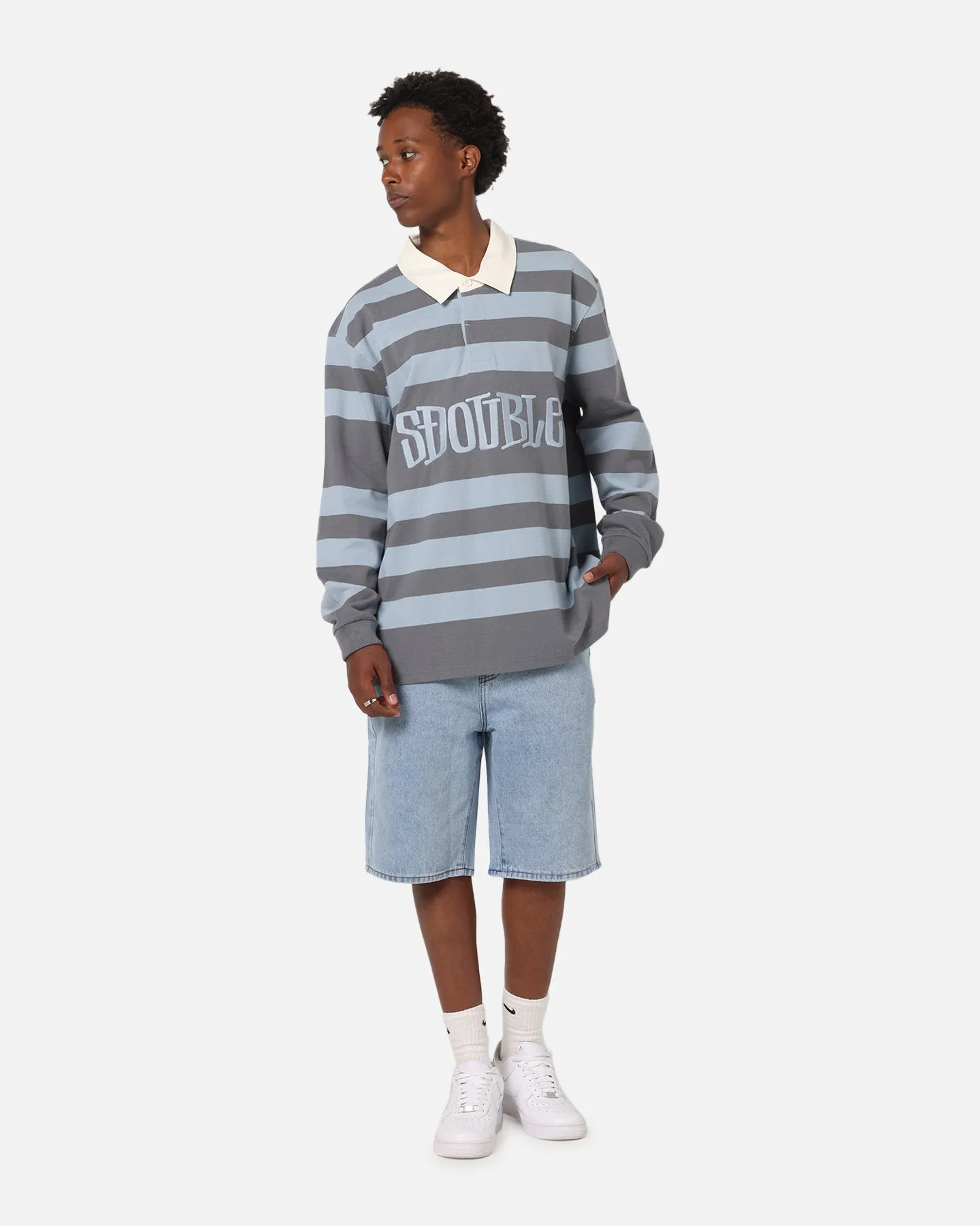 S Double PK Stripe Rugby Polo Baby Blue Compact Knit Structure Lightweight Weave