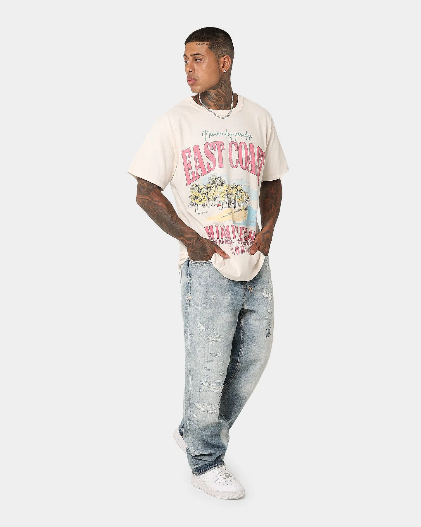 DurableStitching Ribbed collar American Thrift Miami Beach Vintage T-Shirt Off White