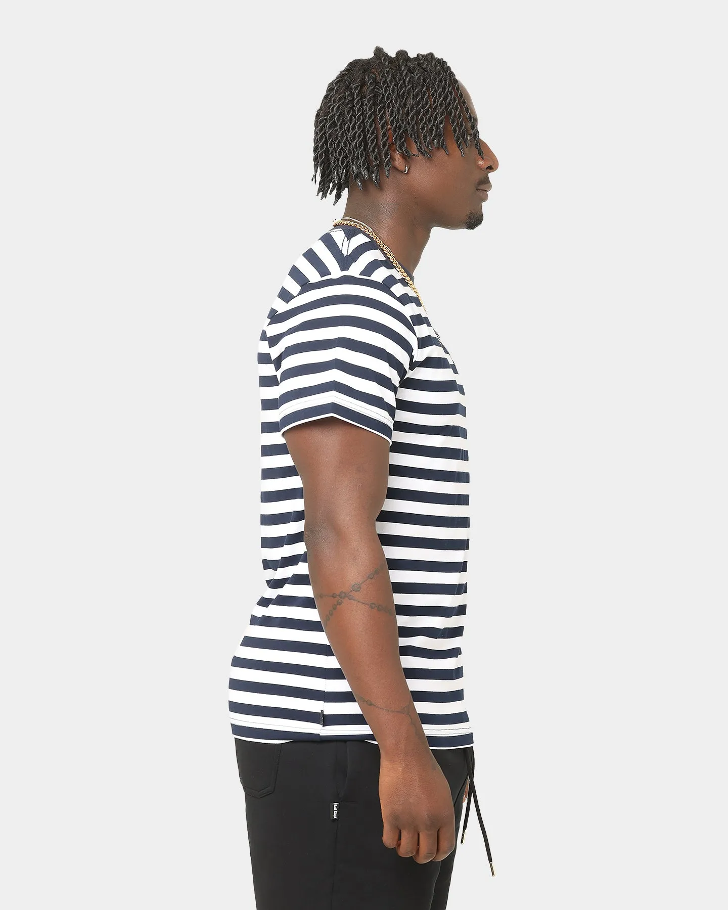 Breathable mesh panel Date night Last Kings Stripes Short Sleeve T-Shirt Navy