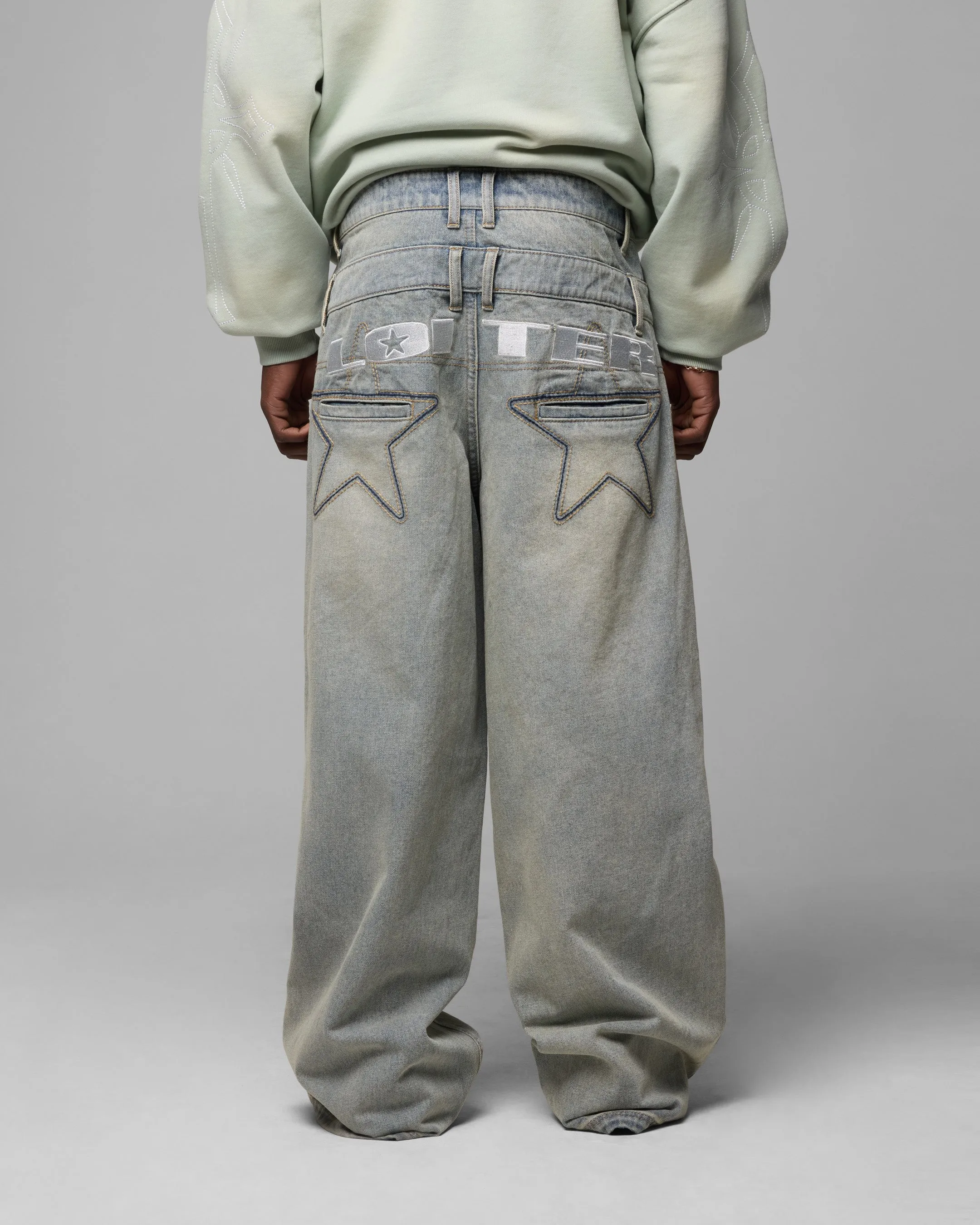 Clean Cut Daily Style Loiter Star Layered Jeans Washed Blue