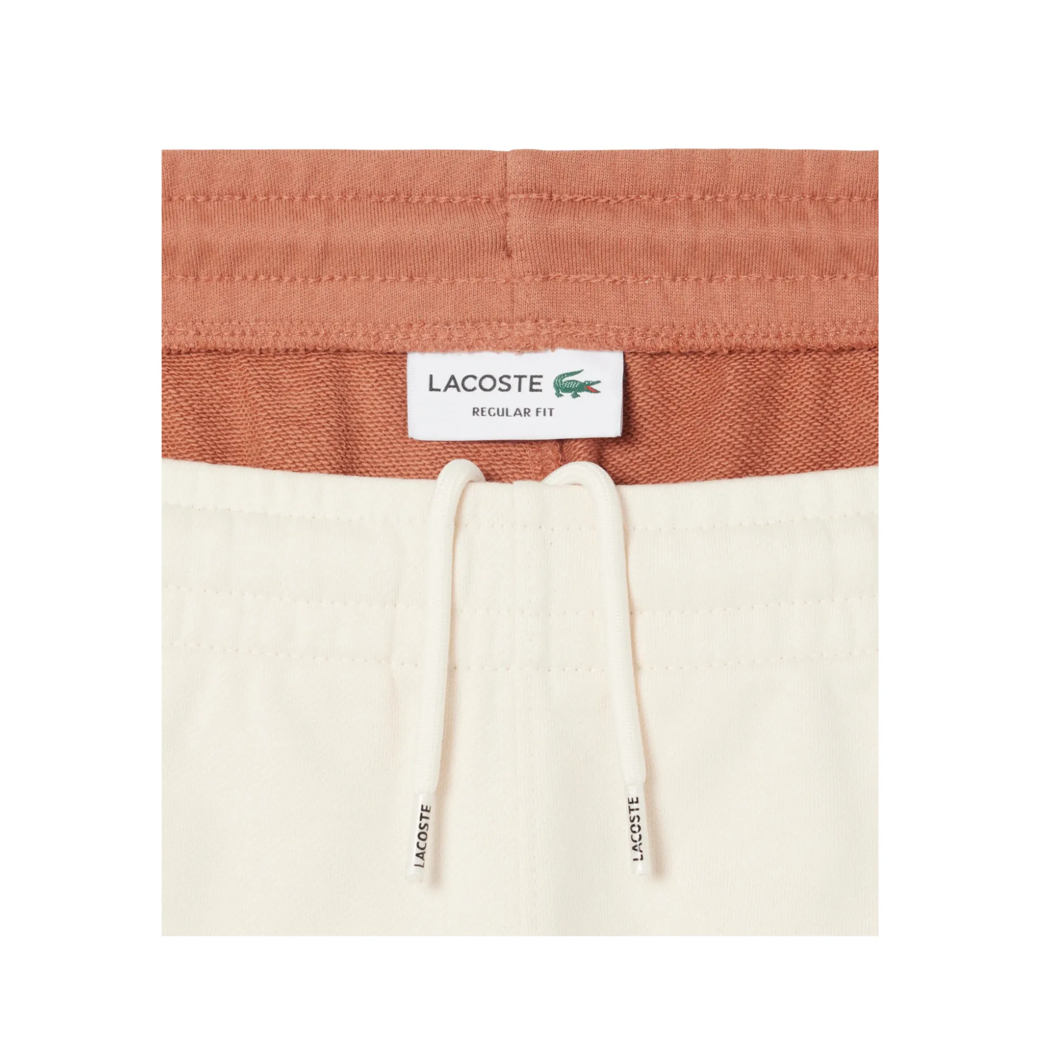 MatteFinishTexture EcoFriendlyProduction Lacoste Men's Cotton Fleece Colorblock Shorts (White/Light Brown)