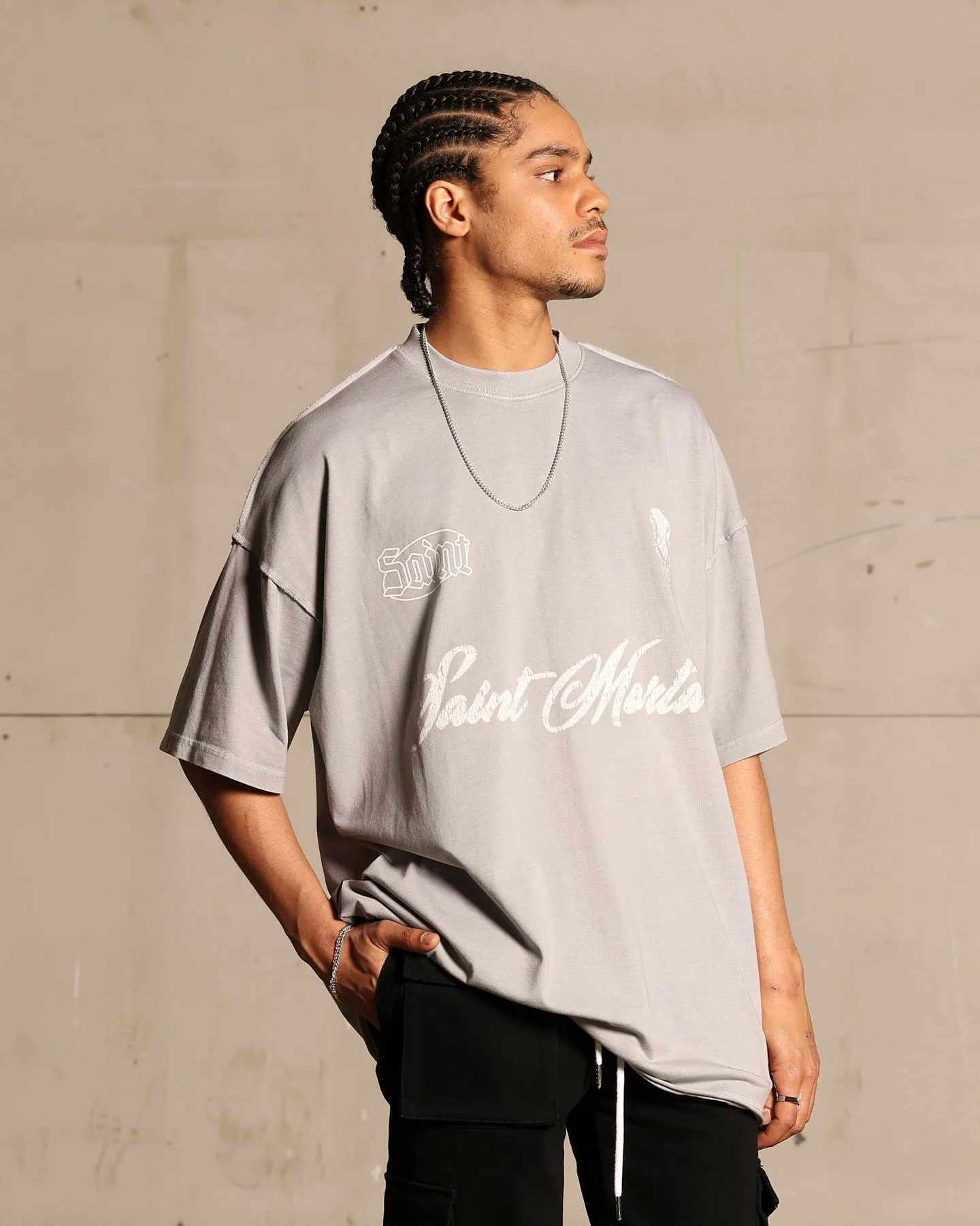 Saint Morta Roadhouse Boxy T-Shirt Vintage Grey Layered Collar Simple Style
