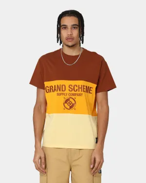 Breathable mesh panel Classic Design Grand Scheme Colour Block T-Shirt Brown/Yellow
