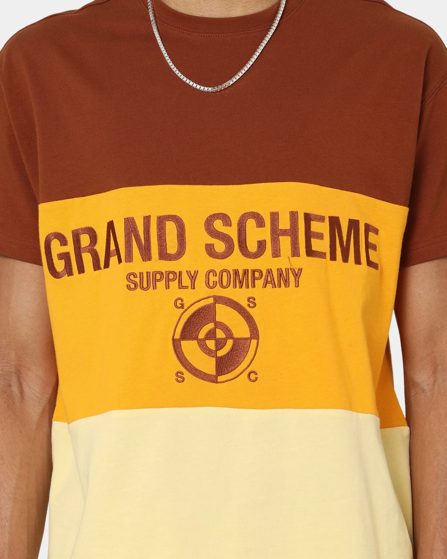 Grand Scheme Colour Block T-Shirt Brown/Yellow Natural Fiber Blend SlimFitDesign