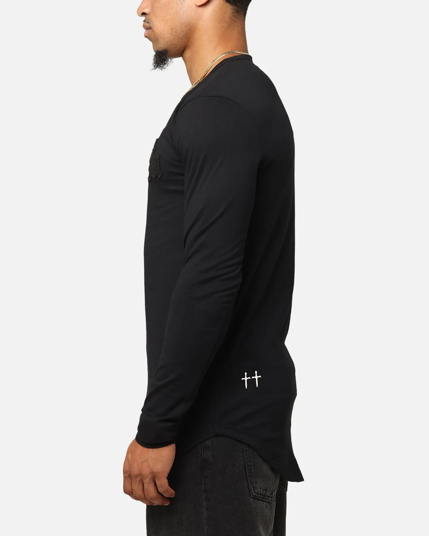 Saint Morta Gothic Monogram El Duplo Long Sleeve T-Shirt Black VentilatedKnit Minimal Design