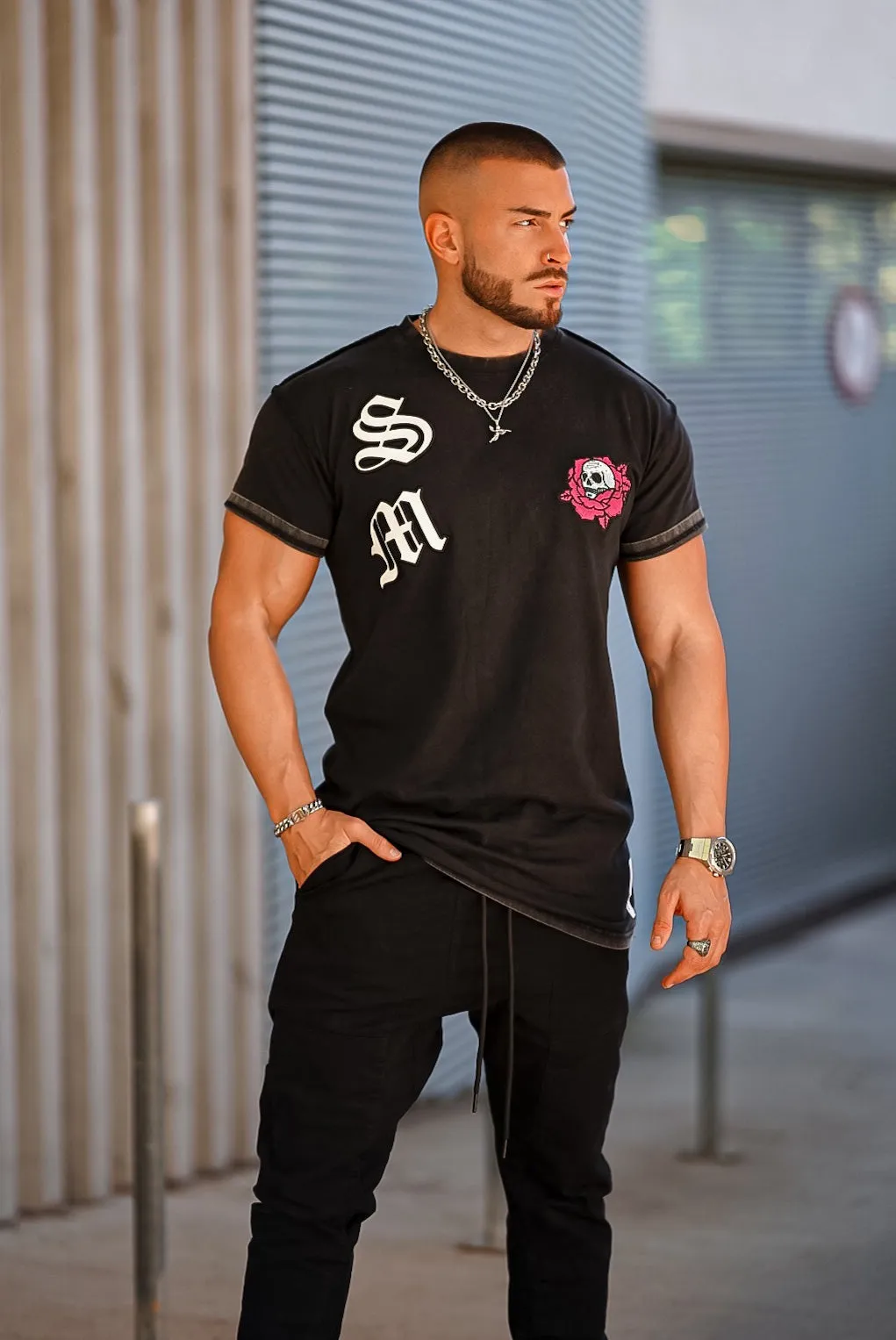 Saint Morta Skull Flower Lafayette T-Shirt Vintage Black Stone Wash Process