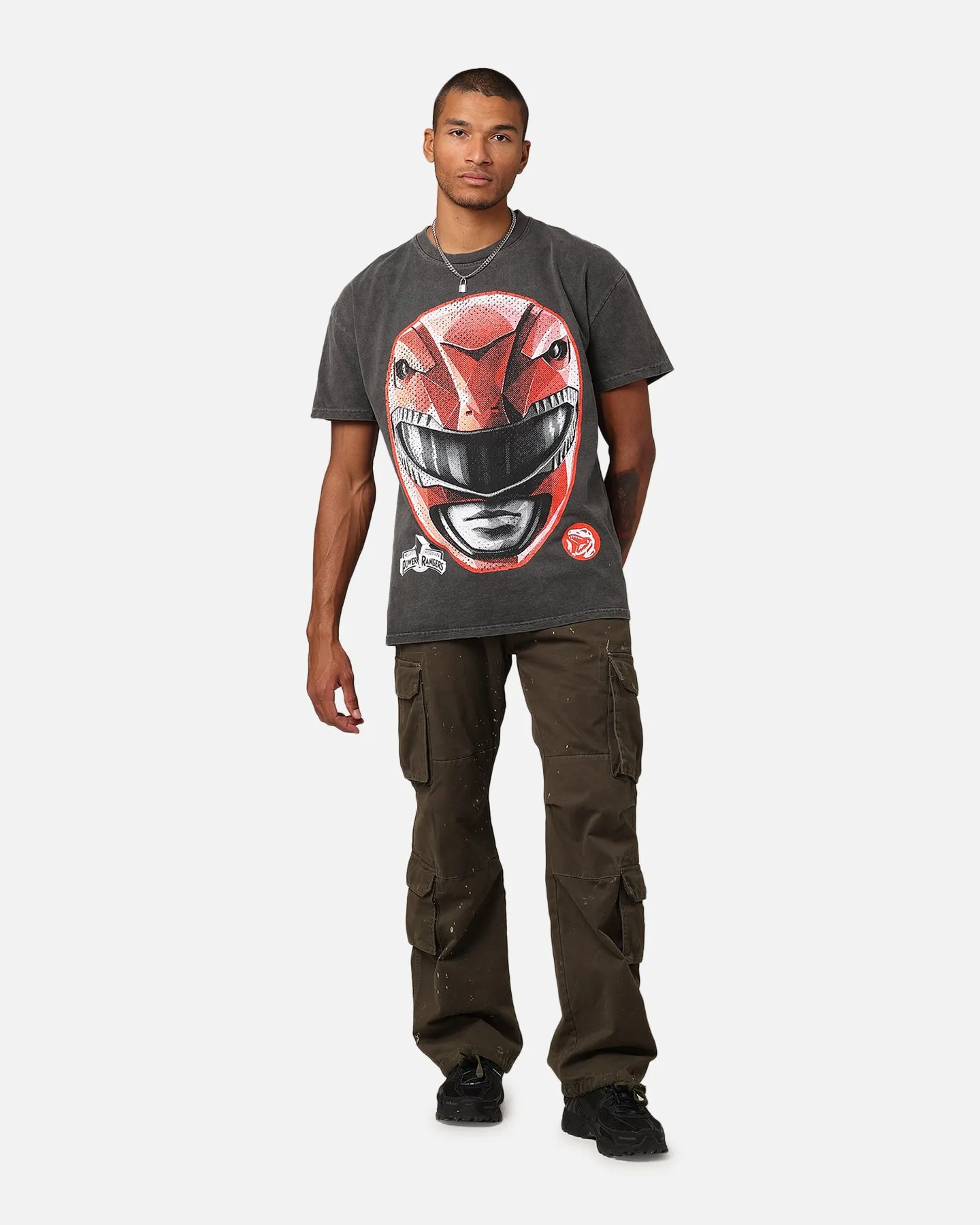 Light Wear Essential Wear American Thrift X Power Rangers Red Ranger Big Head Heavyweight Vintage T-Shirt Black Wash