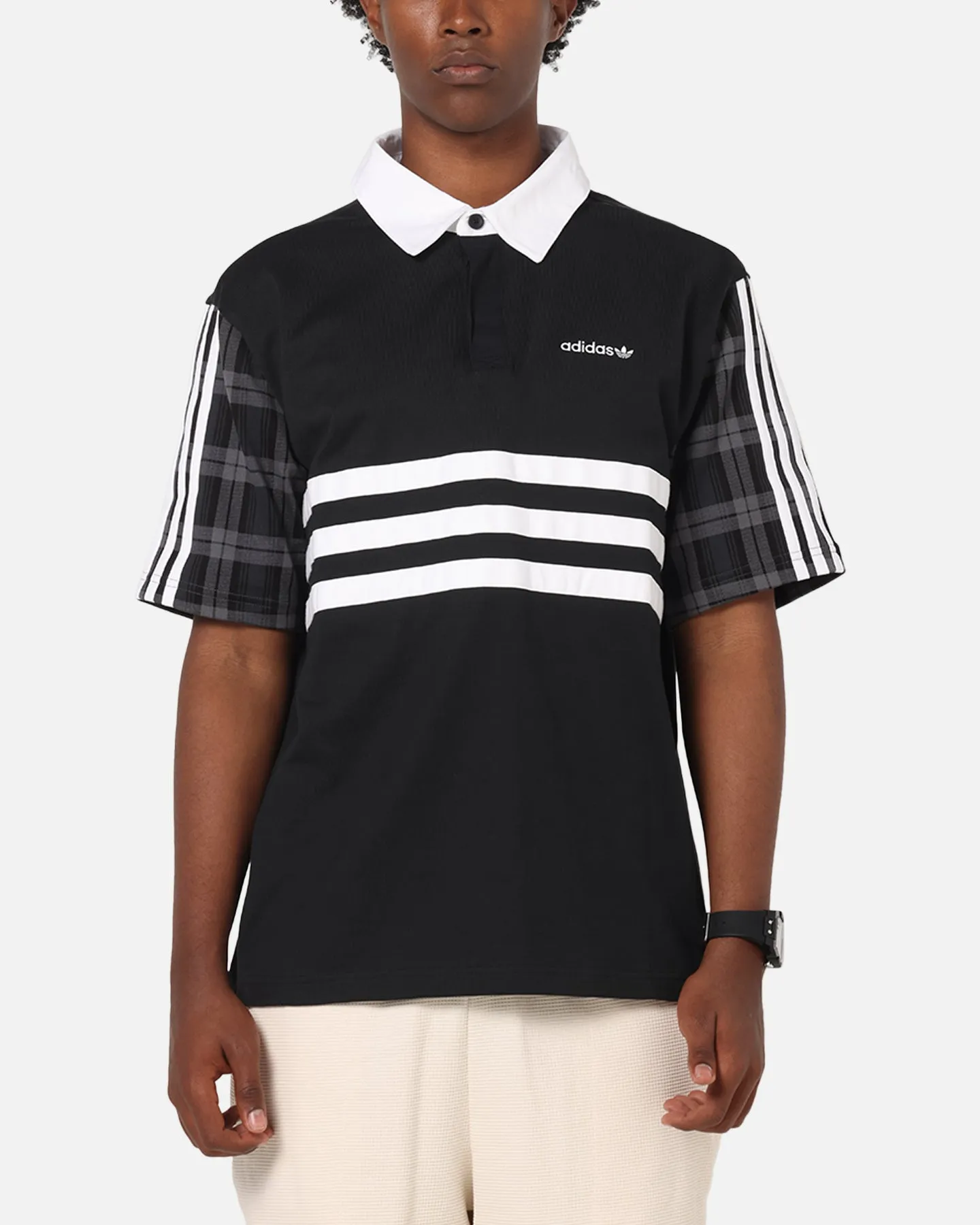slim fit Adidas Tartan Regular Rugby Polo T-Shirt Black
