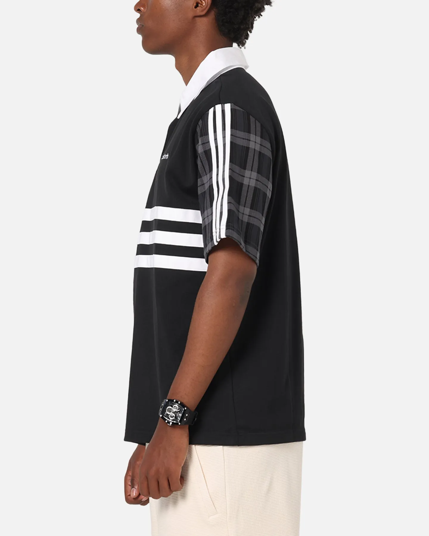 Relaxed Fit Adidas Tartan Regular Rugby Polo T-Shirt Black