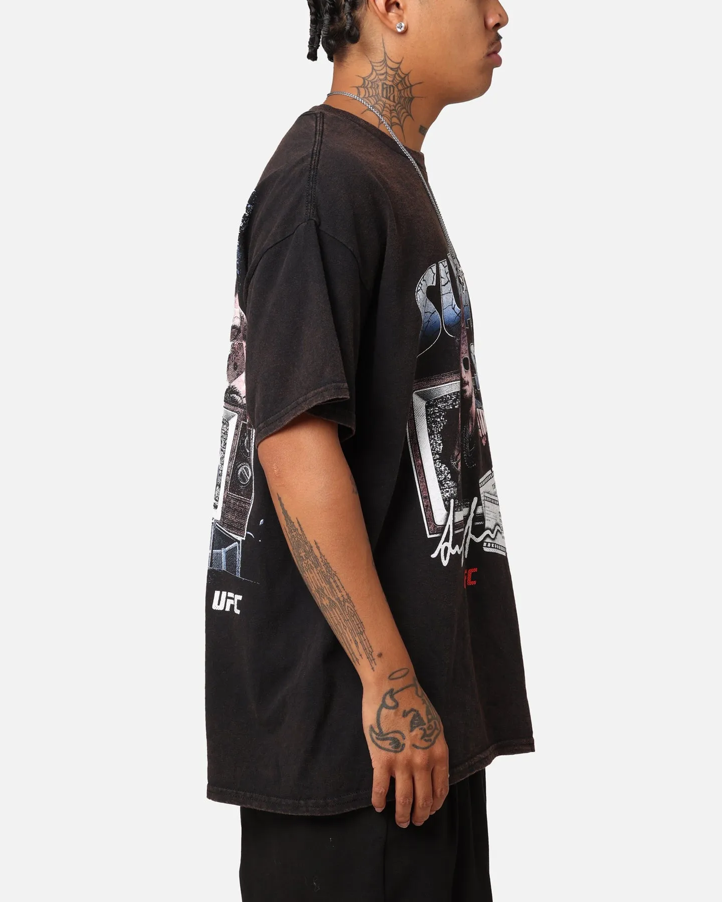 UFC By Goat Crew Suga Show Vintage T-Shirt Black Wash Layered Look RibbedNeckBanding