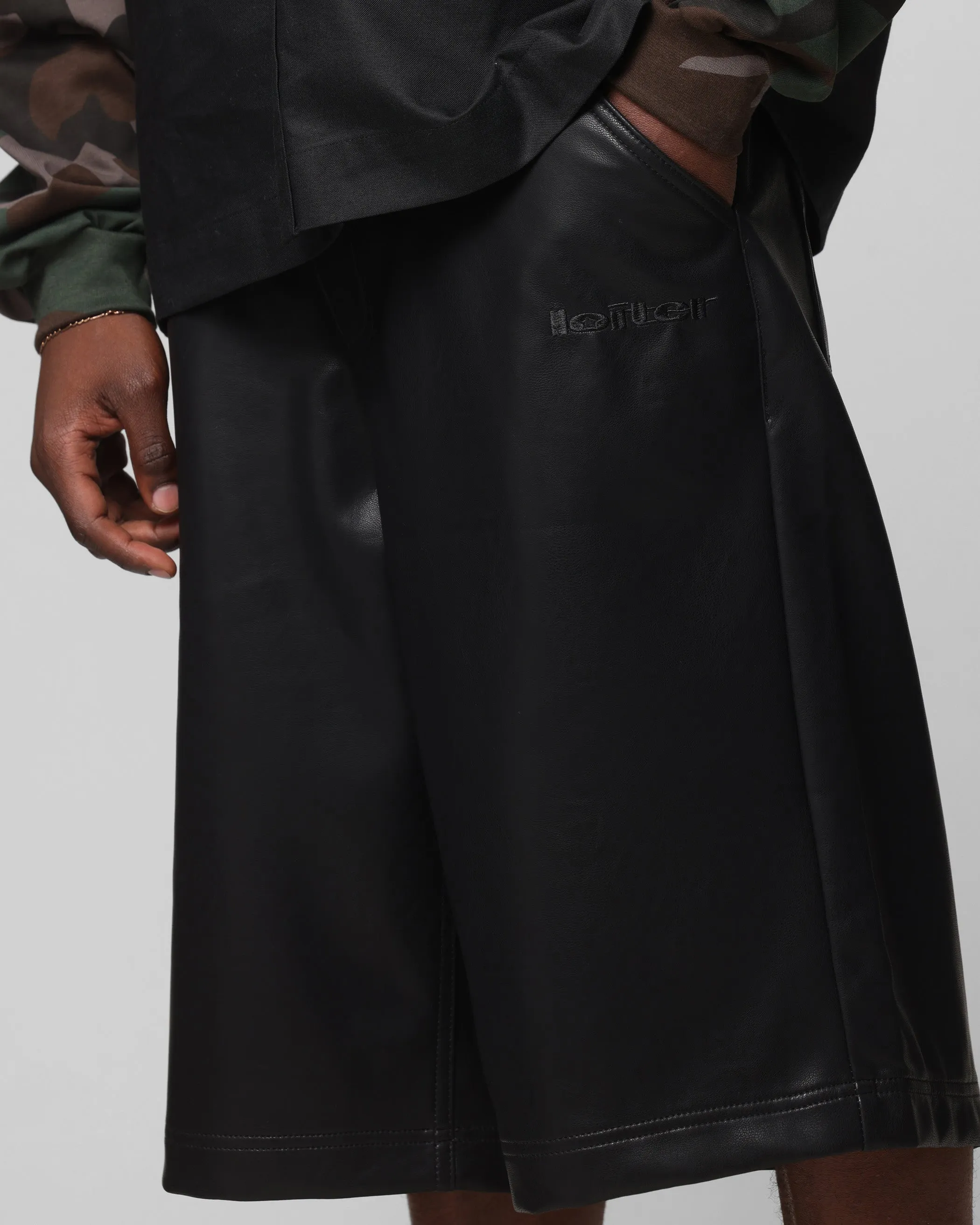 Loiter Collateral PU Leather Jorts Black Non Binding Cuffs Comfy Cut