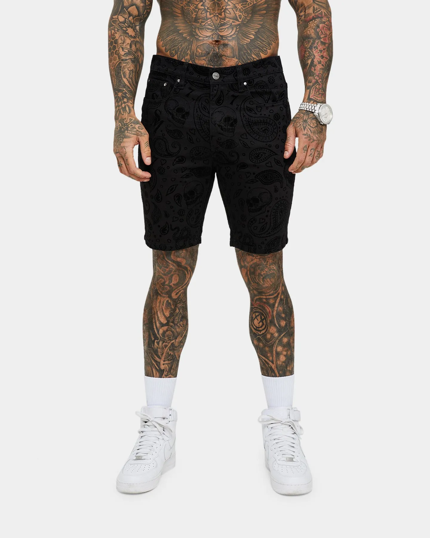 Fit Flex Saint Morta Paisley Skulls Denim Shorts Black/Black