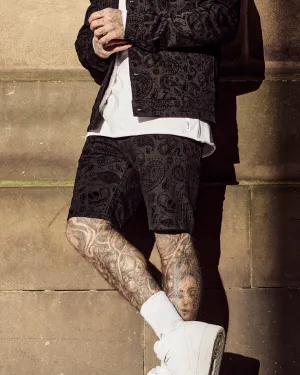 Saint Morta Paisley Skulls Denim Shorts Black/Black Clean Lines