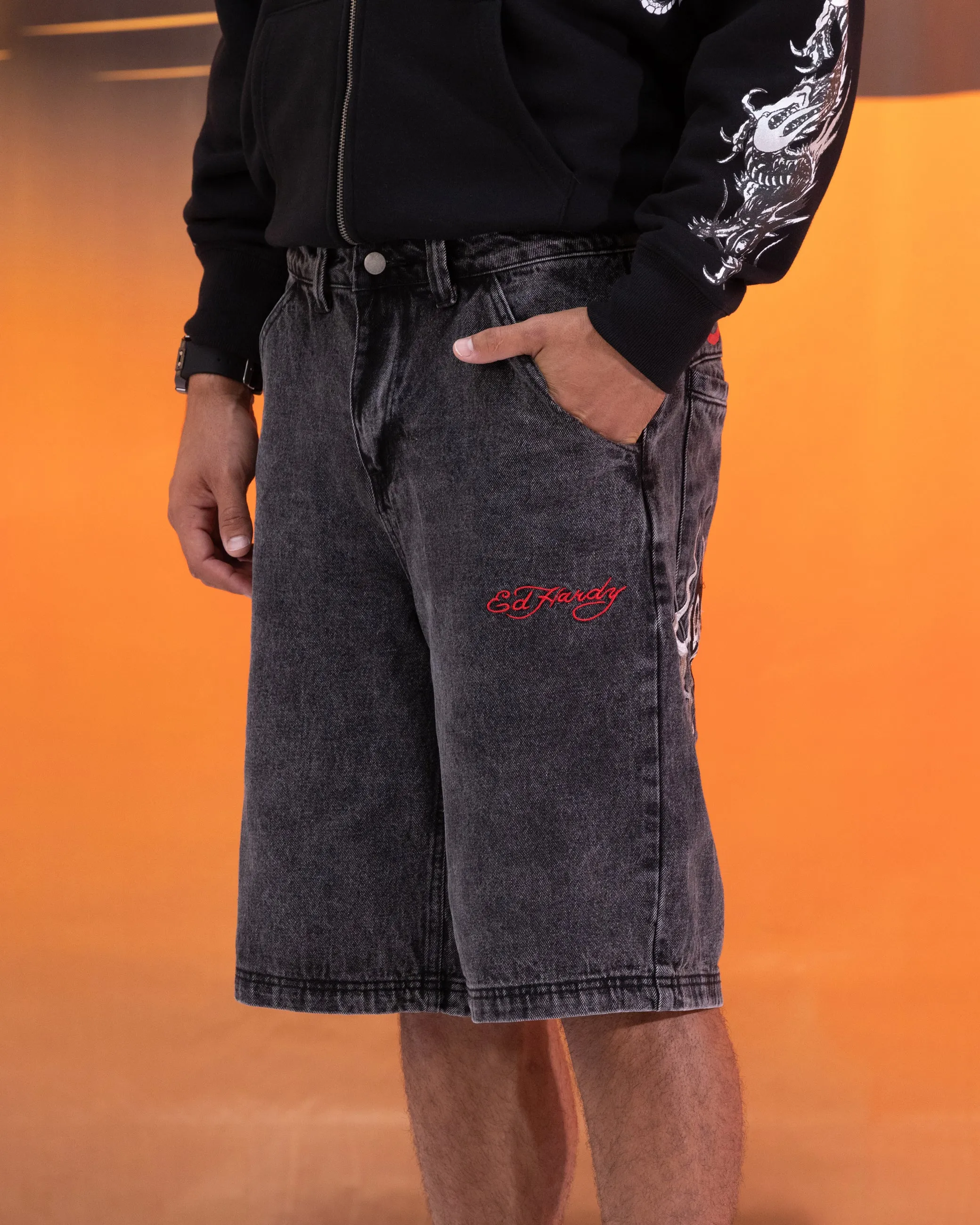 Ed Hardy Devil Jorts Black Durable Utility Cozy Lining