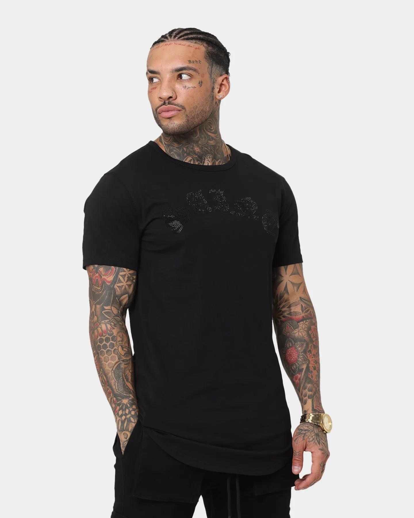 Classic Crew Neck Classic Layering Saint Morta Gothic Rhinestone T-Shirt Black/Black